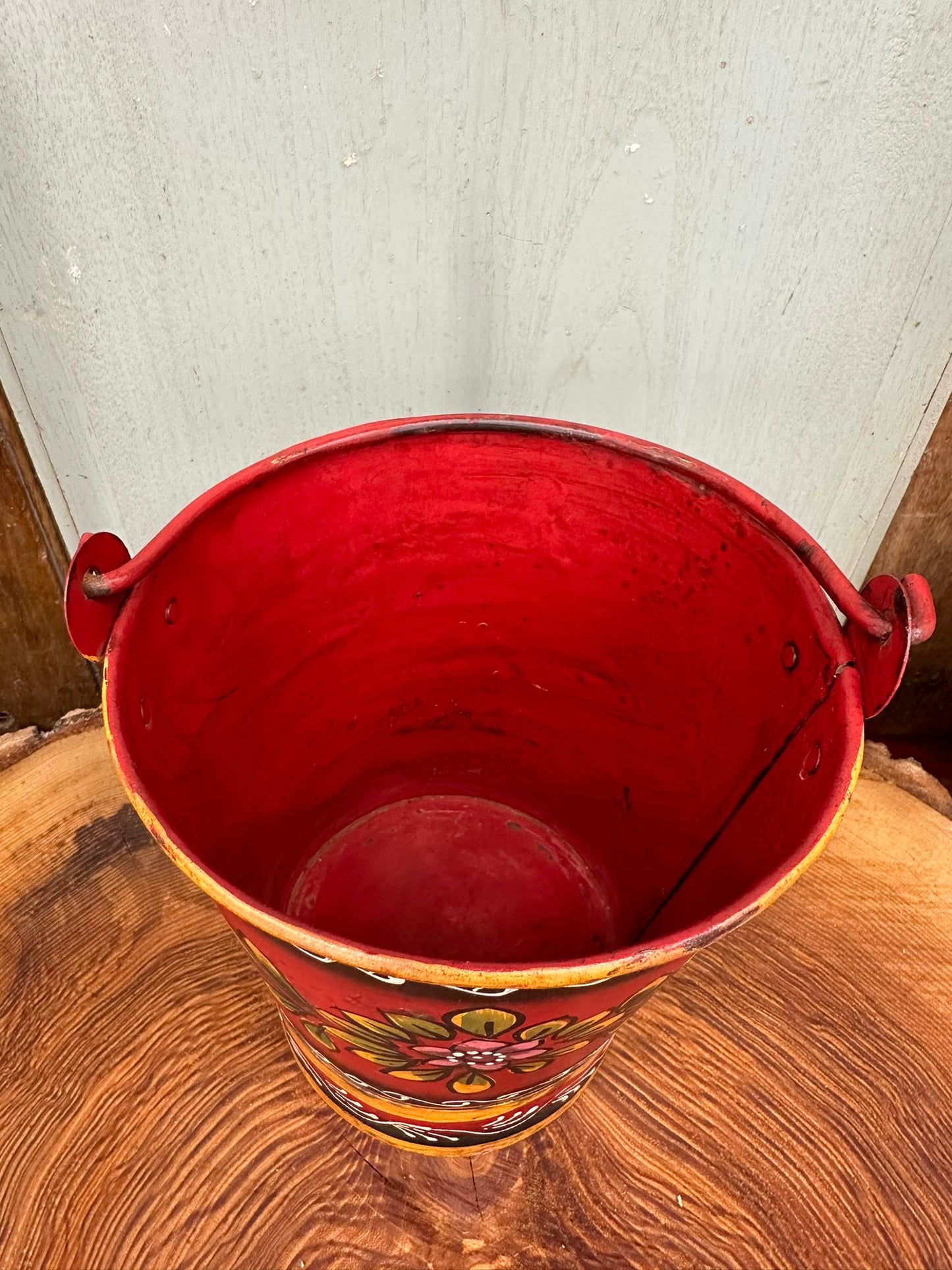 Vintage Small Hand Painted Bucket / Plant Pot / Herb Planter / Red Pail