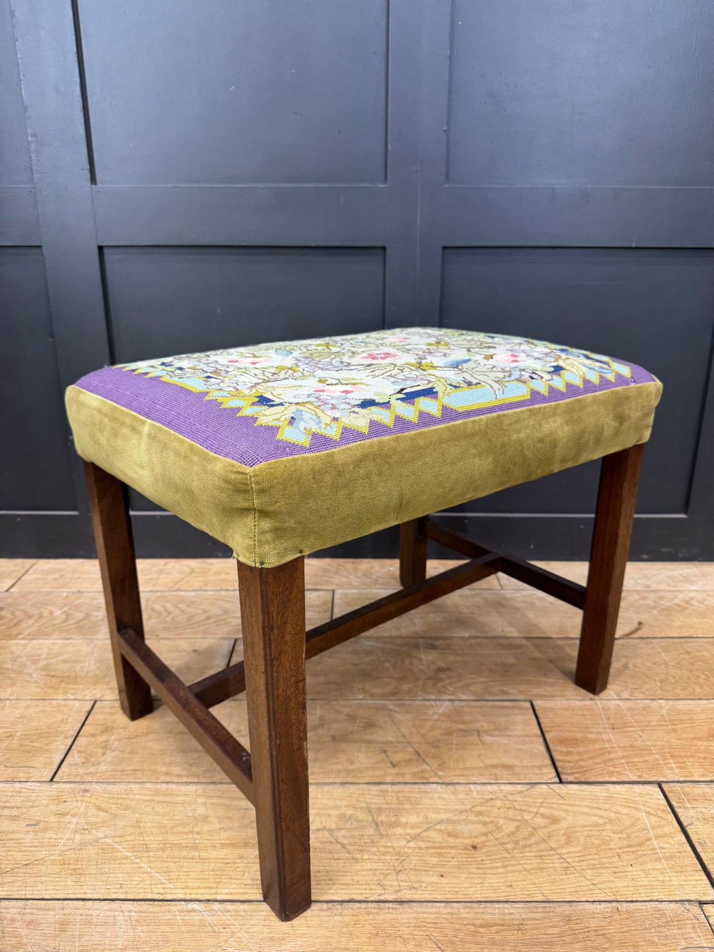 Antique Victorian Needlepoint Upholstered Stool with Mahogany Legs