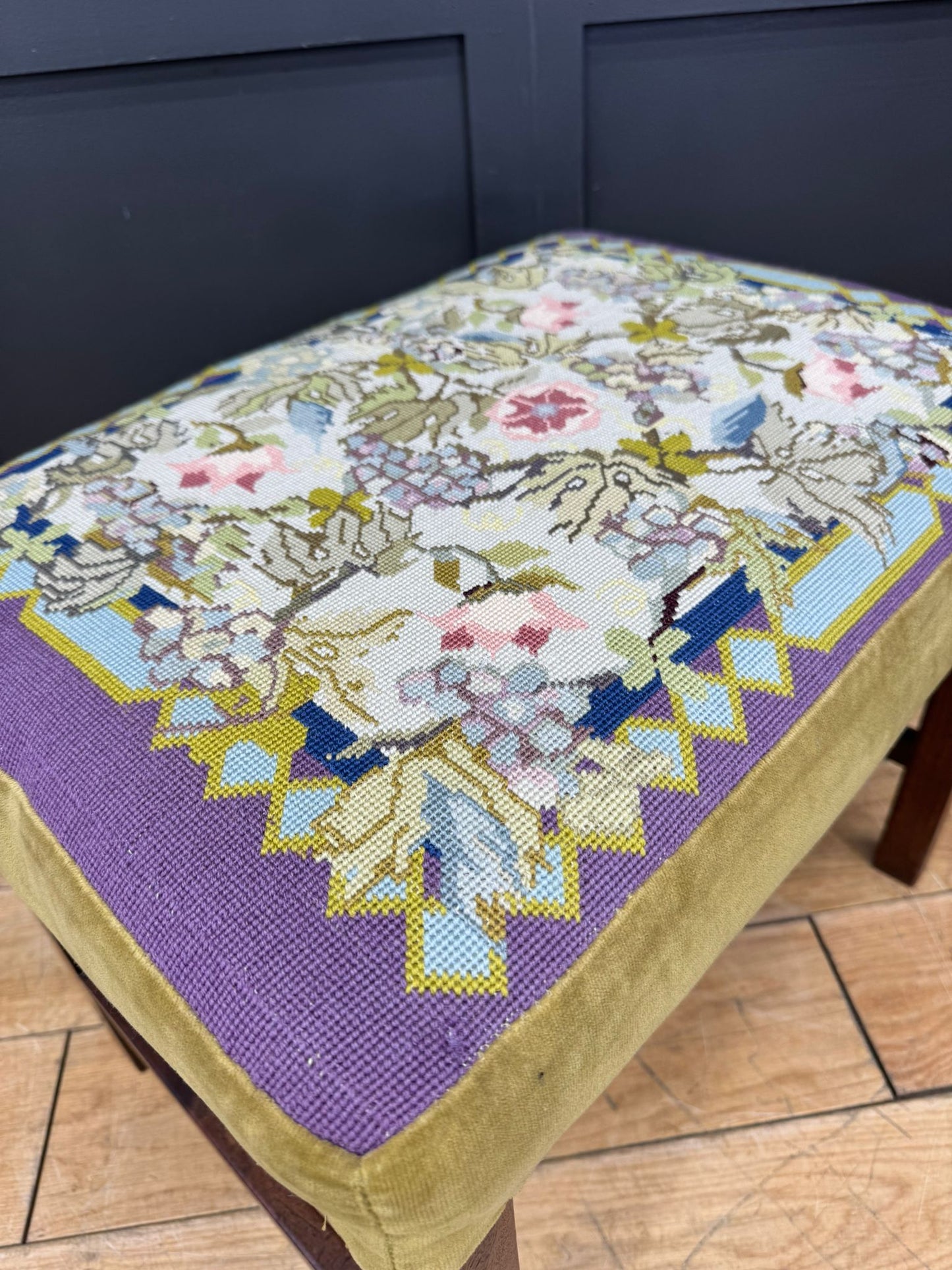 Antique Victorian Needlepoint Upholstered Stool with Mahogany Legs