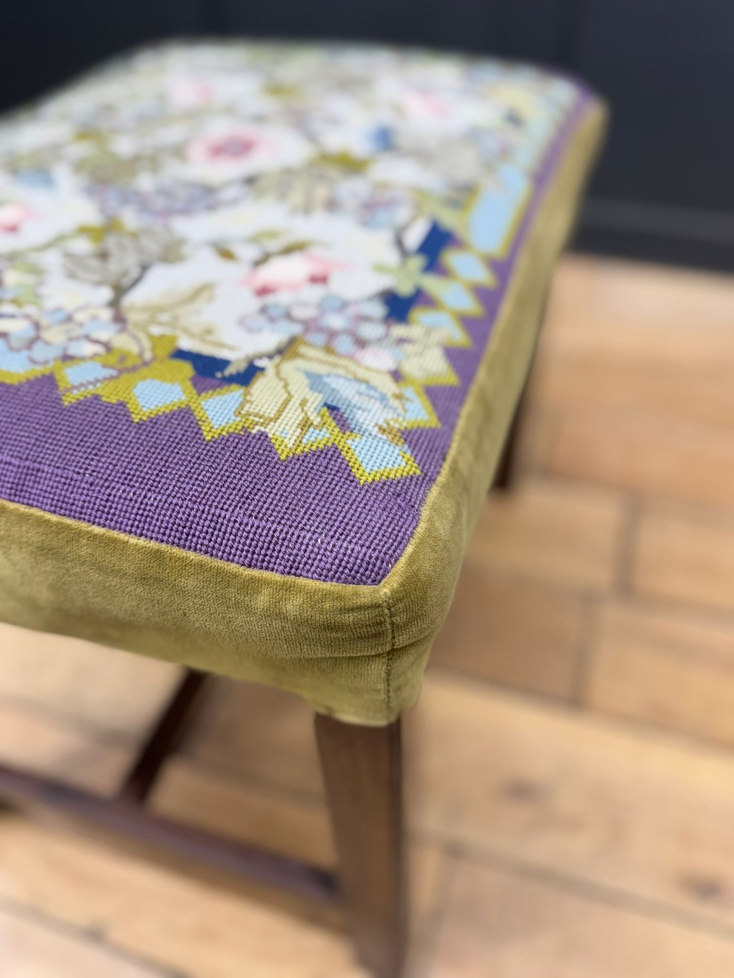 Antique Victorian Needlepoint Upholstered Stool with Mahogany Legs