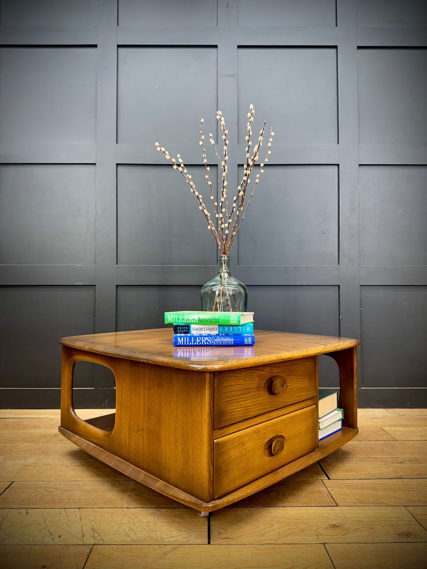 Vintage Ercol Pandora Coffee Table on Castors – 2 Drawers, Mid-Century Design
