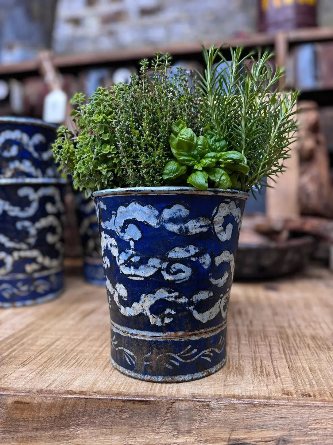 Vintage Blue Metal Plant Pot Bucket Rustic Herb Planter Indoor Outdoor Decor RUSTIC WAREHOUSE NORFOLK