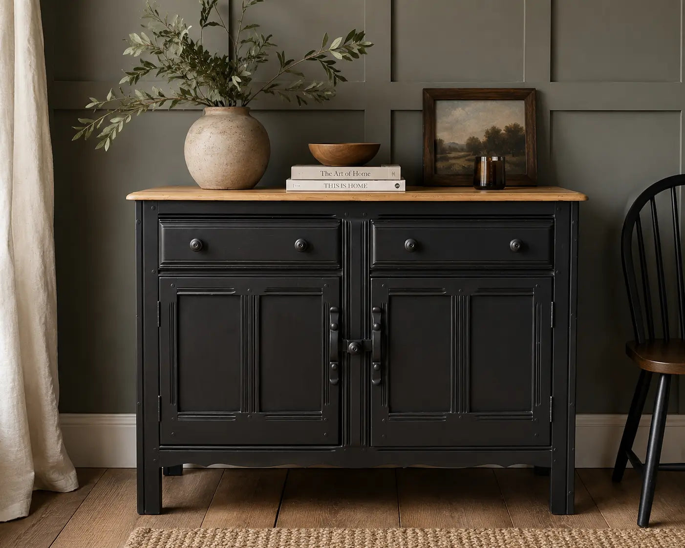 Vintage Ercol Painted Sideboard Black Storage Cabinet Cupboard Drawers Natural Top