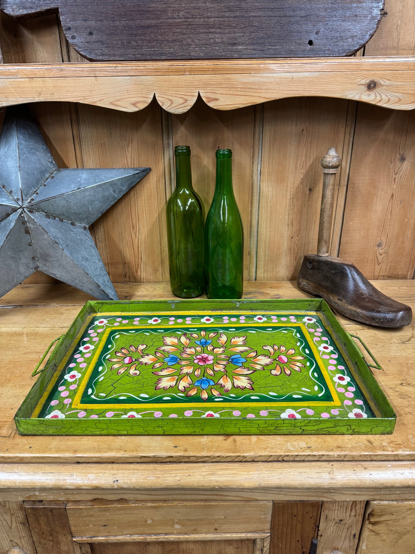 A Rustic Vintage Metal Hand Painted Tray / Bread Antipasti Board / Decorative Storage / Serving Lap Tray / Narrow Boat / Gypsy / Fruit Bowl / Table Center Piece