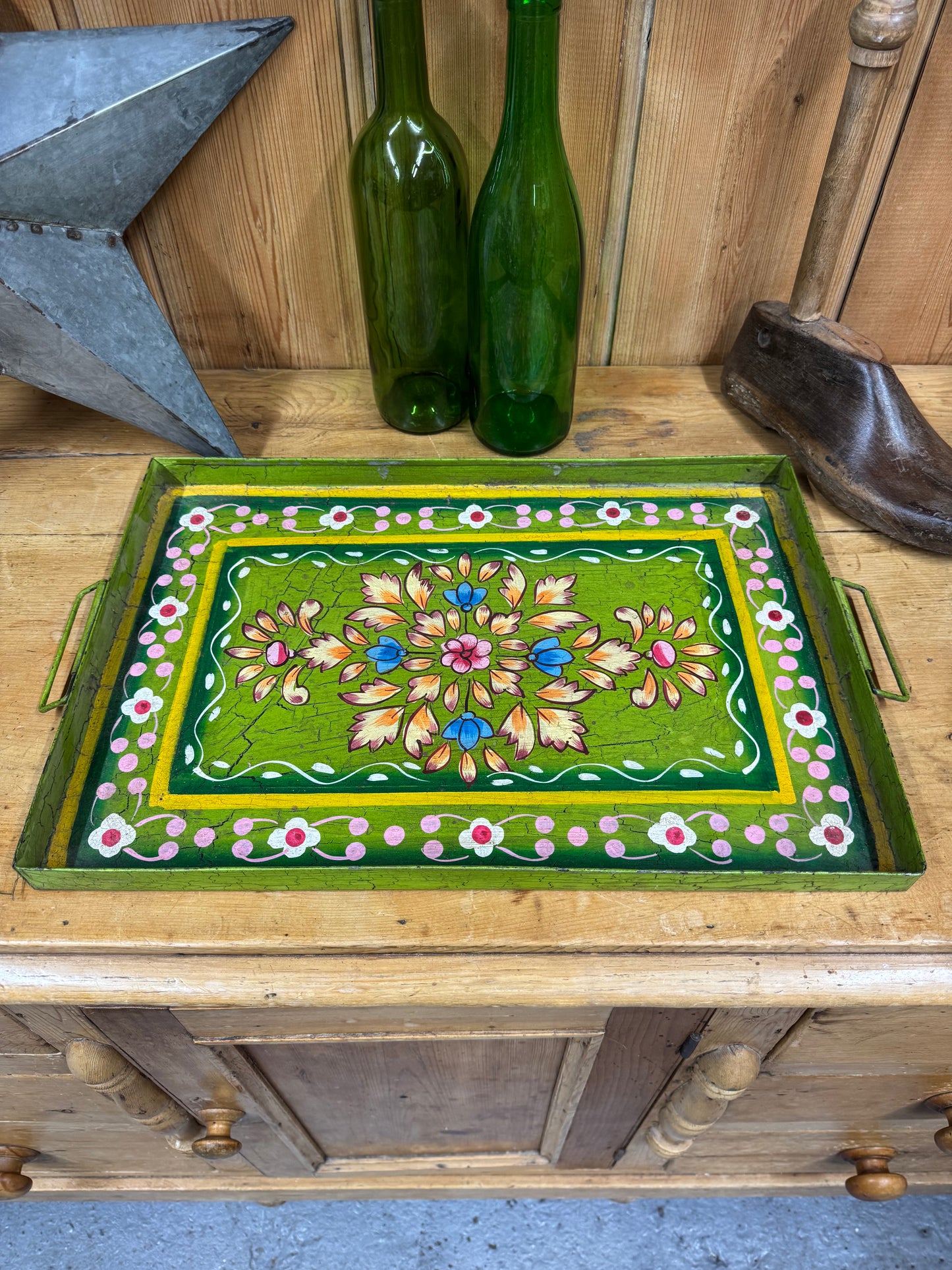 A Rustic Vintage Metal Hand Painted Tray / Bread Antipasti Board / Decorative Storage / Serving Lap Tray / Narrow Boat / Gypsy / Fruit Bowl / Table Center Piece