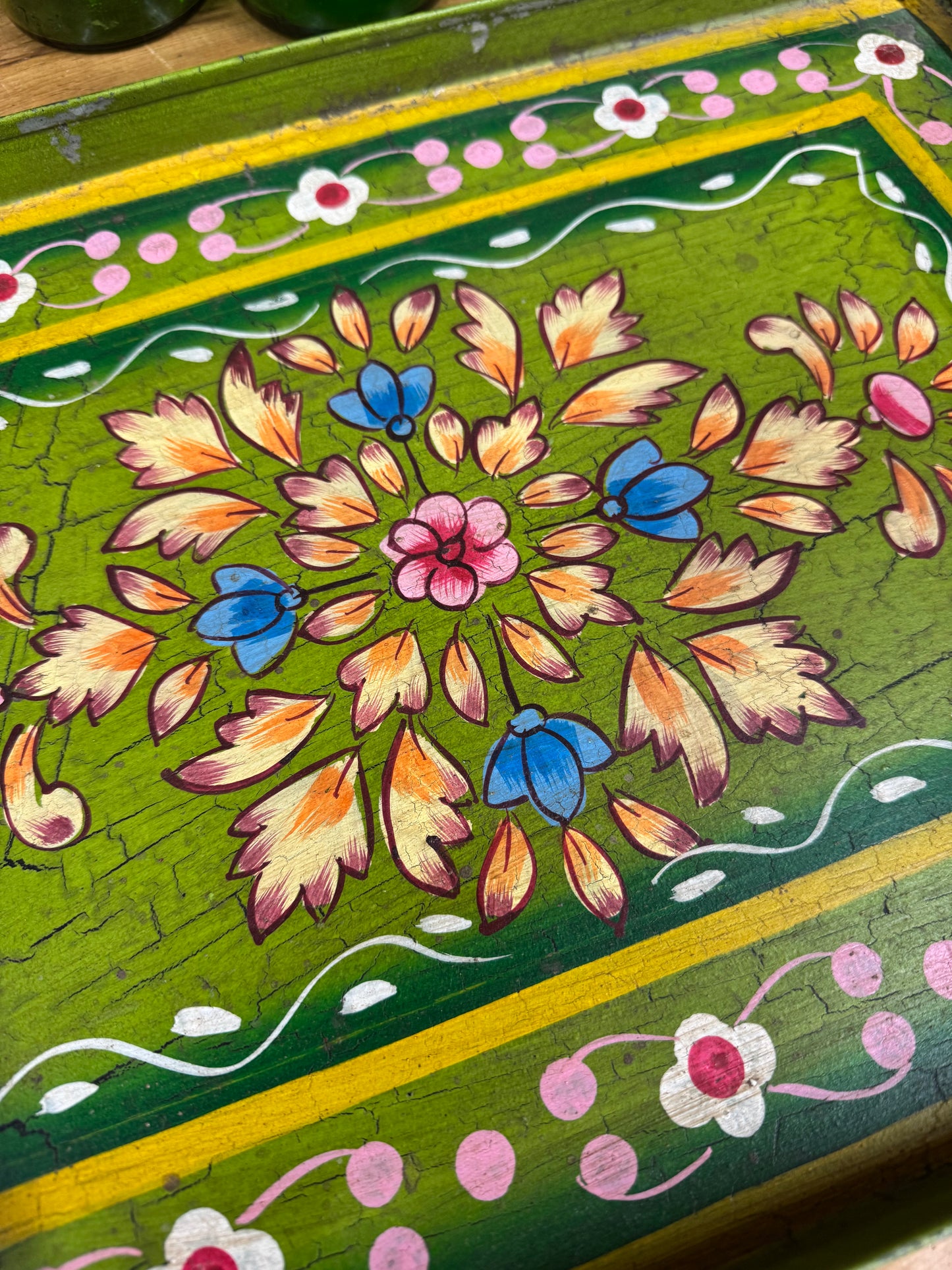 A Rustic Vintage Metal Hand Painted Tray / Bread Antipasti Board / Decorative Storage / Serving Lap Tray / Narrow Boat / Gypsy / Fruit Bowl / Table Center Piece