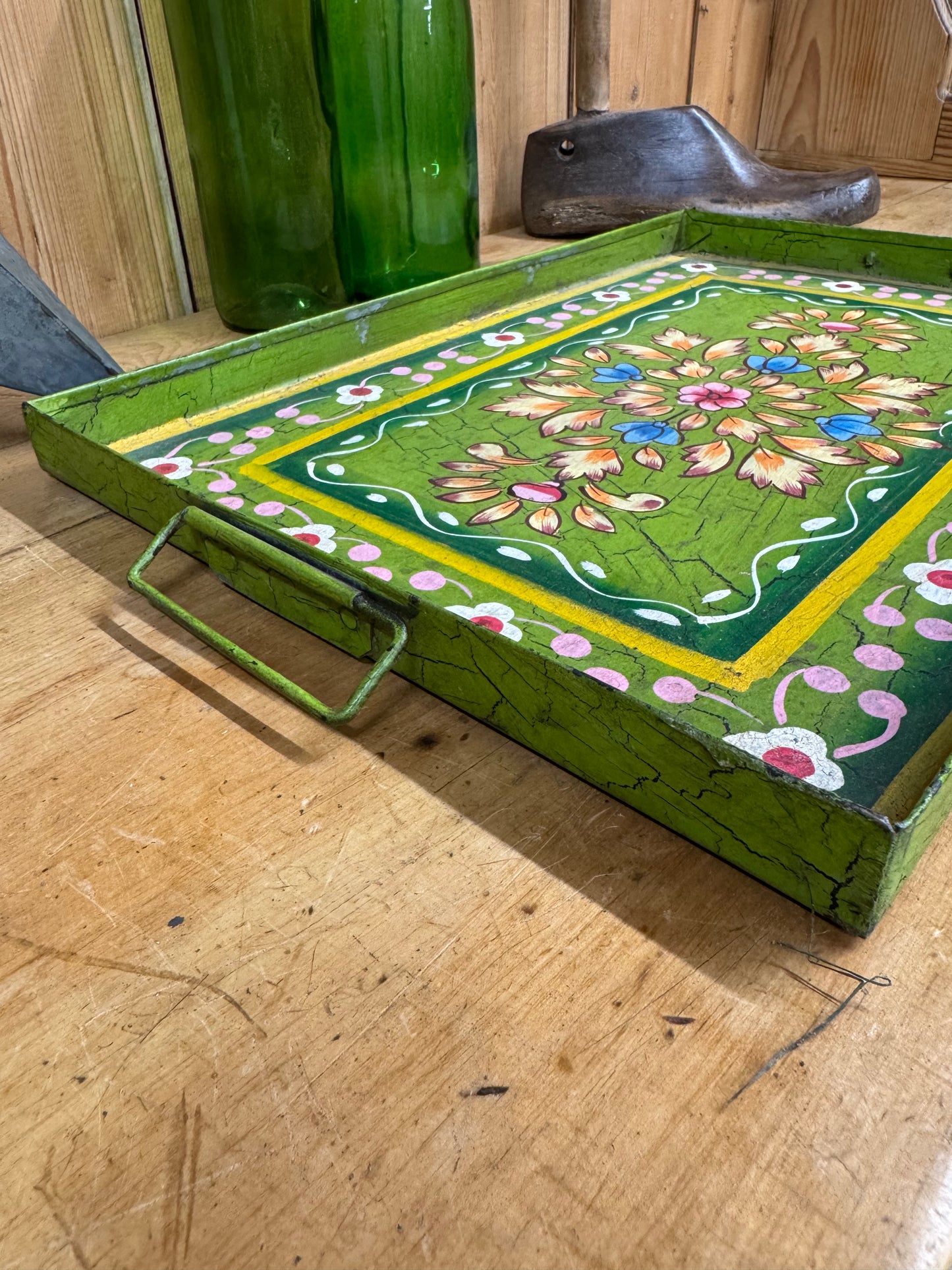 A Rustic Vintage Metal Hand Painted Tray / Bread Antipasti Board / Decorative Storage / Serving Lap Tray / Narrow Boat / Gypsy / Fruit Bowl / Table Center Piece