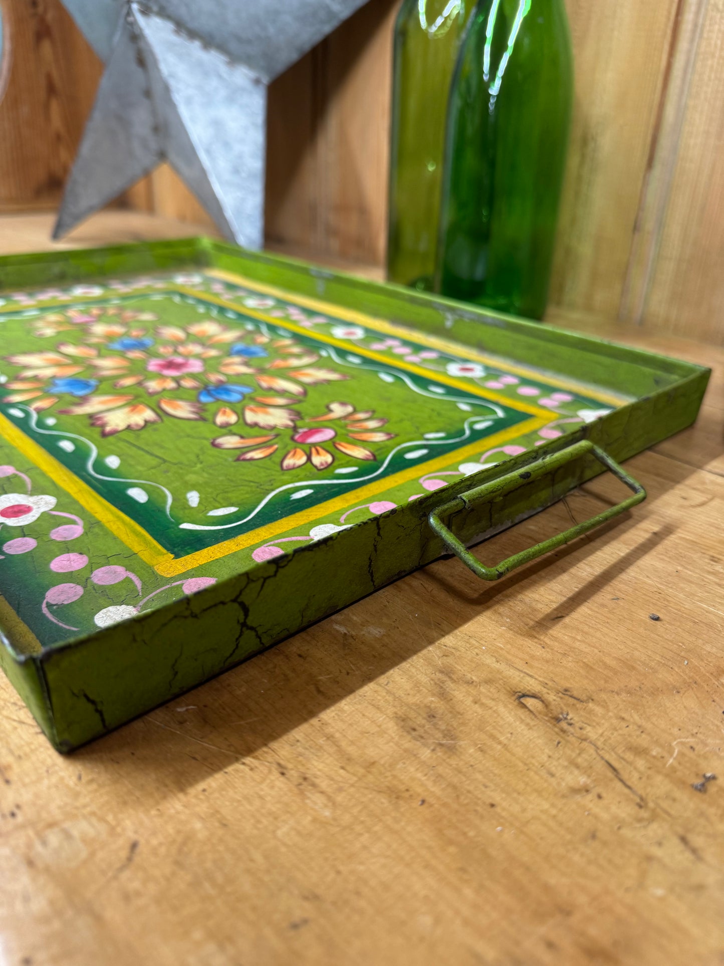 A Rustic Vintage Metal Hand Painted Tray / Bread Antipasti Board / Decorative Storage / Serving Lap Tray / Narrow Boat / Gypsy / Fruit Bowl / Table Center Piece