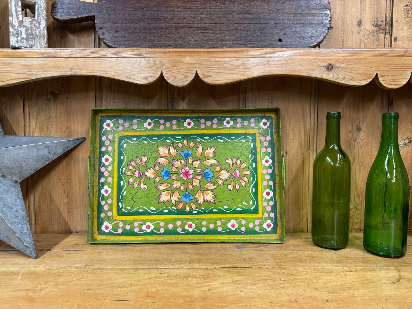 A Rustic Vintage Metal Hand Painted Tray / Bread Antipasti Board / Decorative Storage / Serving Lap Tray / Narrow Boat / Gypsy / Fruit Bowl / Table Center Piece