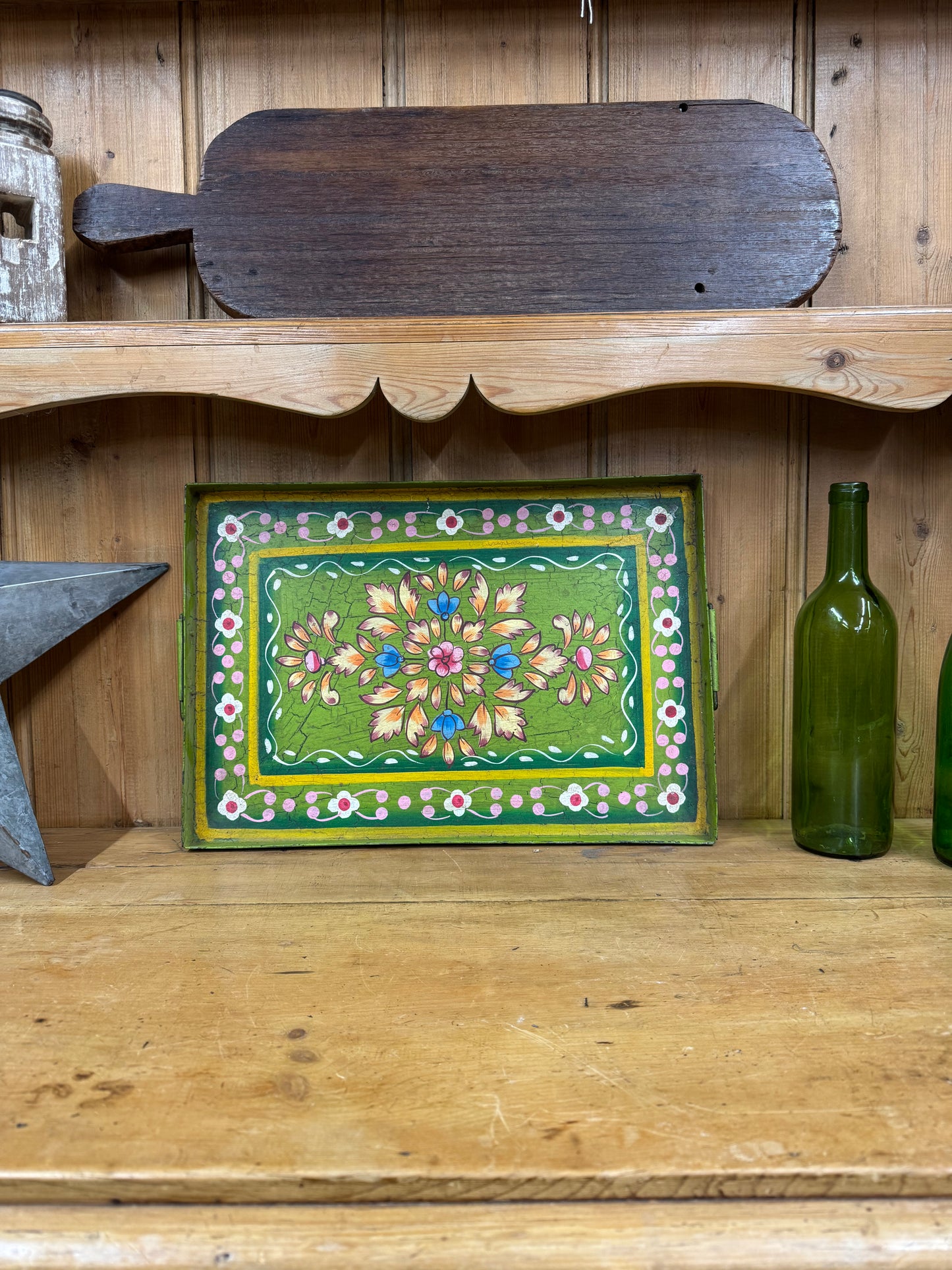 A Rustic Vintage Metal Hand Painted Tray / Bread Antipasti Board / Decorative Storage / Serving Lap Tray / Narrow Boat / Gypsy / Fruit Bowl / Table Center Piece