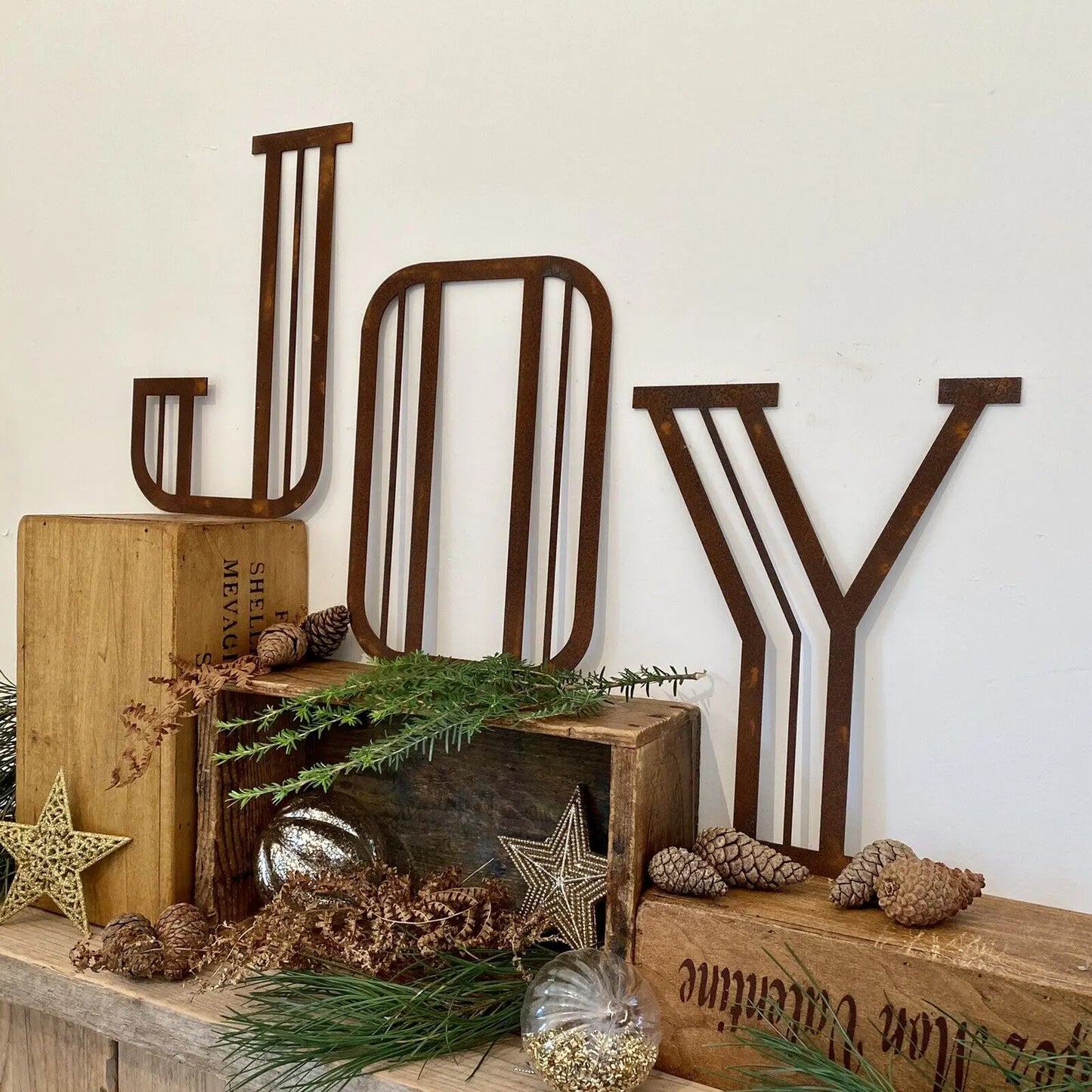 JOY Art Deco Rusty Metel Letters 12 Inches Tall Christmas Mantle Fireplace Decoration RUSTIC WAREHOUSE NORFOLK