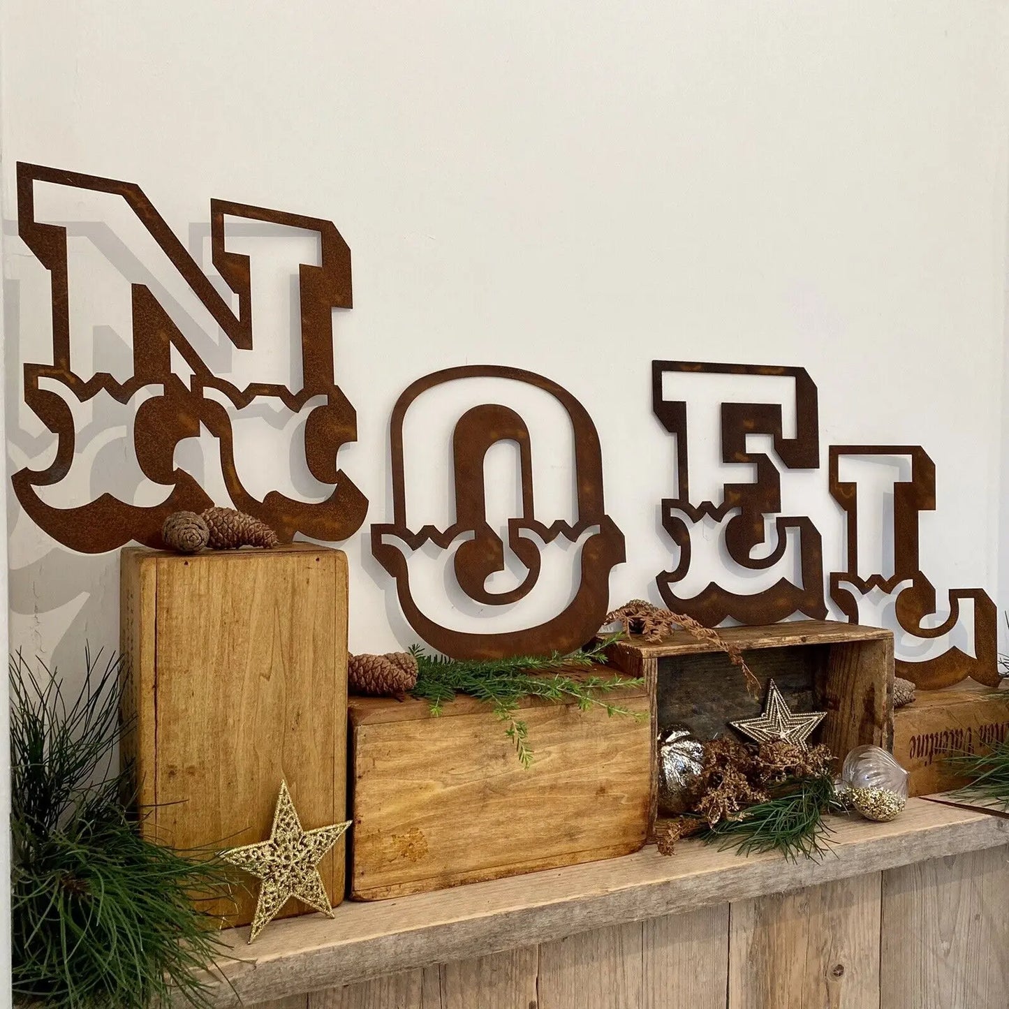 Christmas Fireplace Mantle Sign Decoration NOEL in 12 inch Tall Rustic Rusted Carnival Letters RUSTIC WAREHOUSE NORFOLK