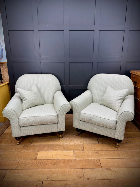 Pair of Upholstered Armchairs By Wesley Barrell– Brass Castors /Lounge Chairs