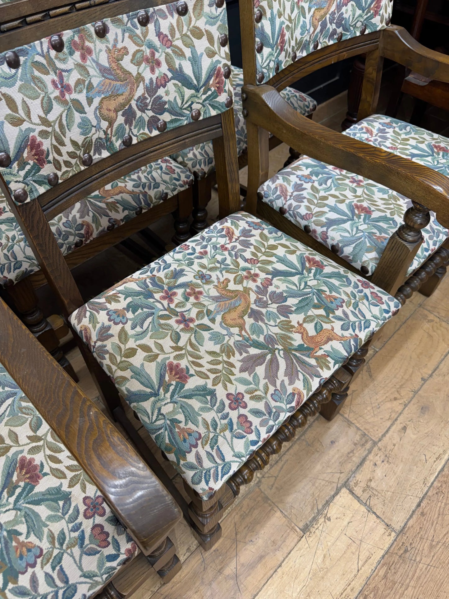 Old Charm Set 6 Dining Kitchen Chairs 2 Carvers Pegasus Fabric Solid Oak Vintage