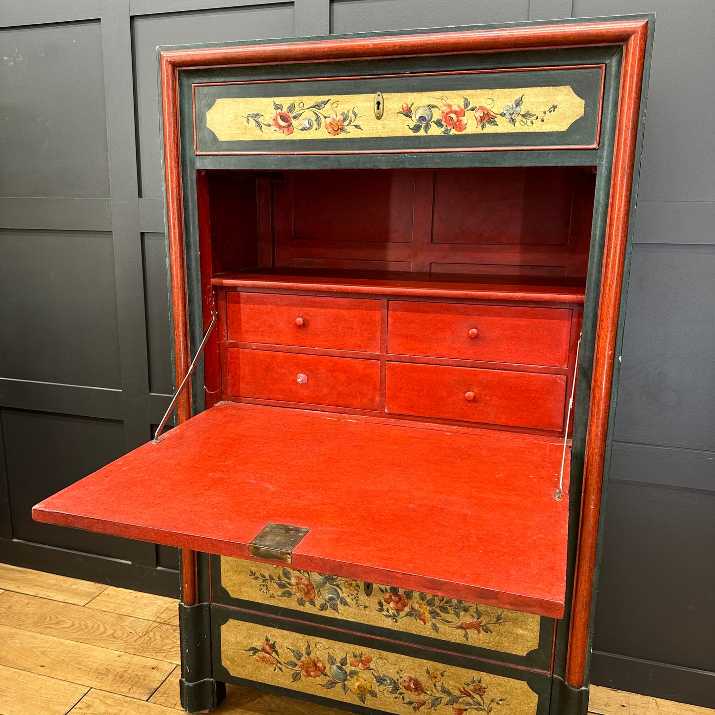 French Painted Drop Front Bureau Desk  / Vintage Cupboard / Cocktail Cabinet