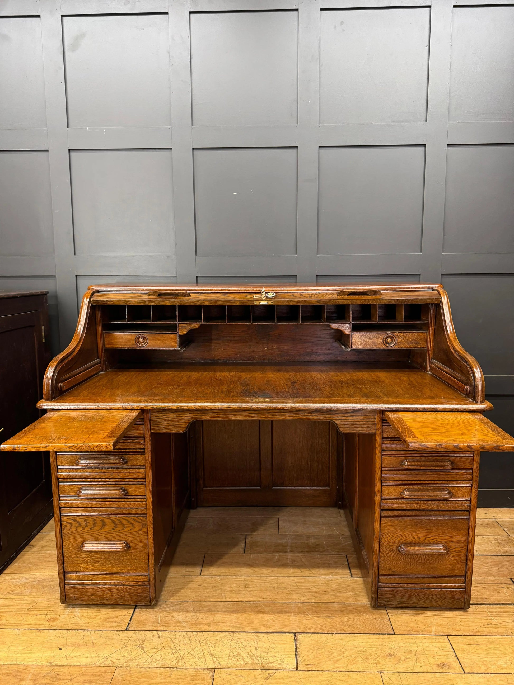 Edwardian Oak Roll Top Pedestal Desk Writing Desk With Fitted Interior RUSTIC WAREHOUSE NORFOLK