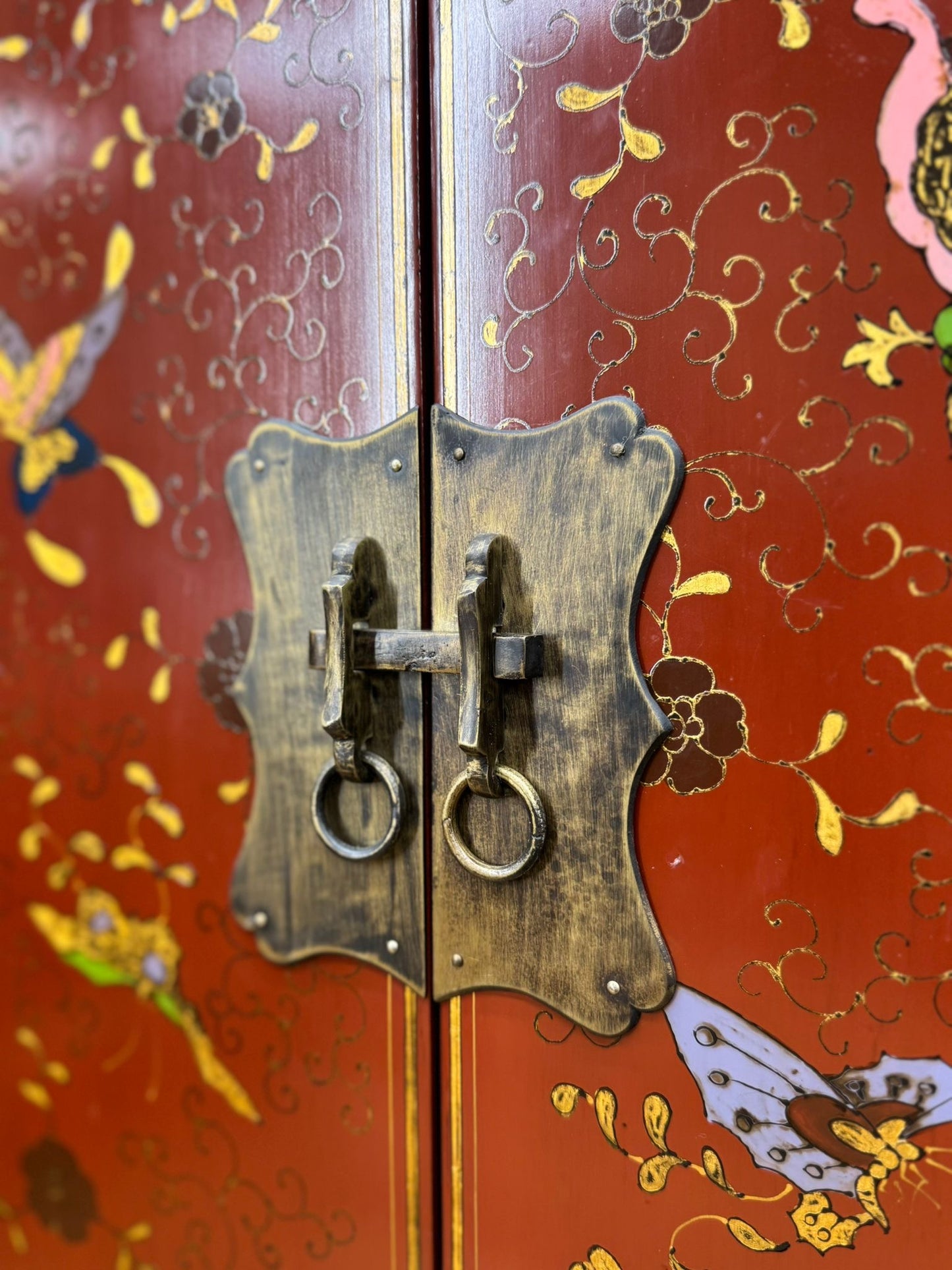 Red Lacquer Shanxi Butterfly Cabinet – Hand Painted Chinese Armoire Cupboard