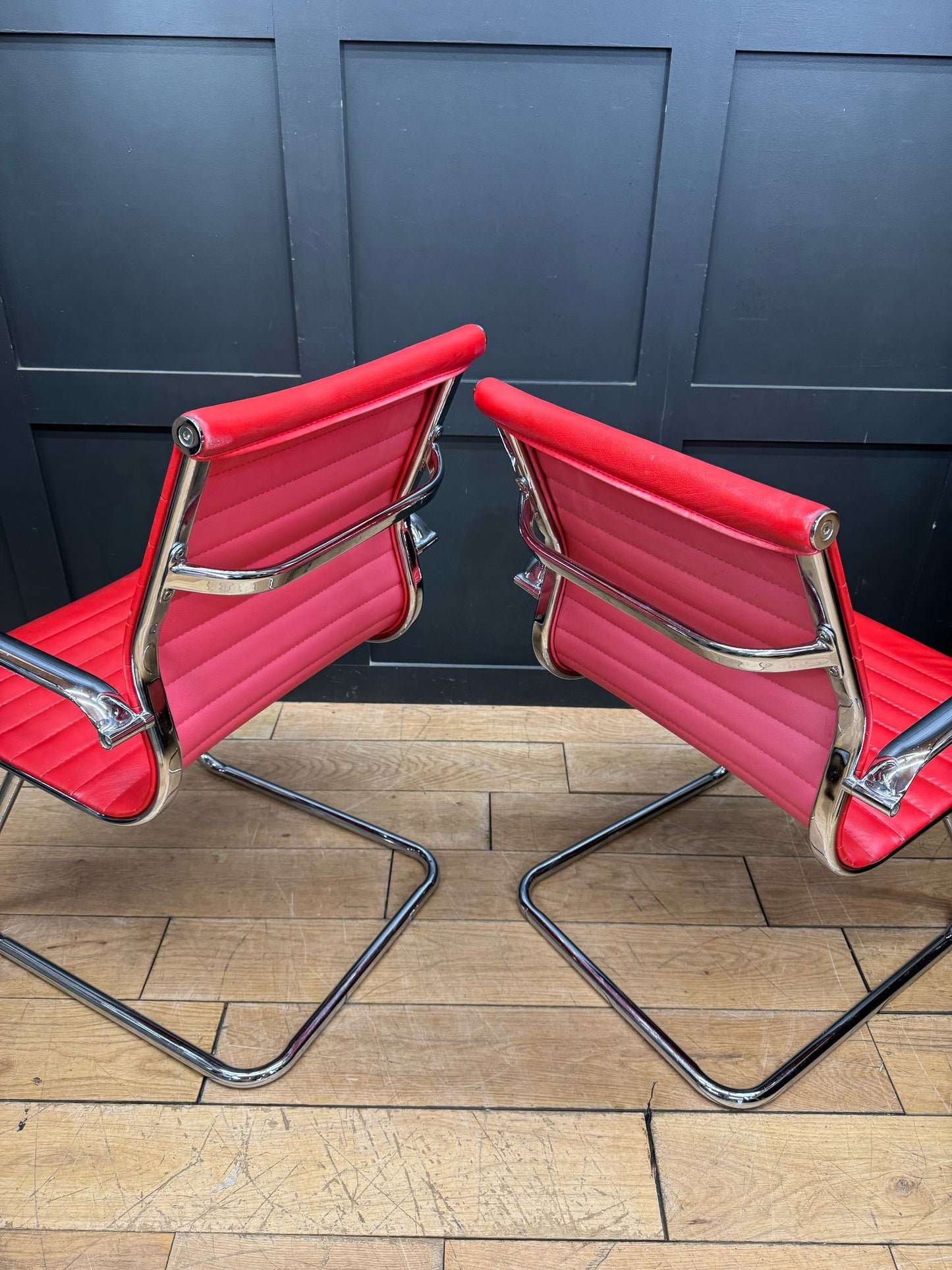 Pair Of Mid Century Style Chairs / Eames Style Chrome And Leather Chairs Seating