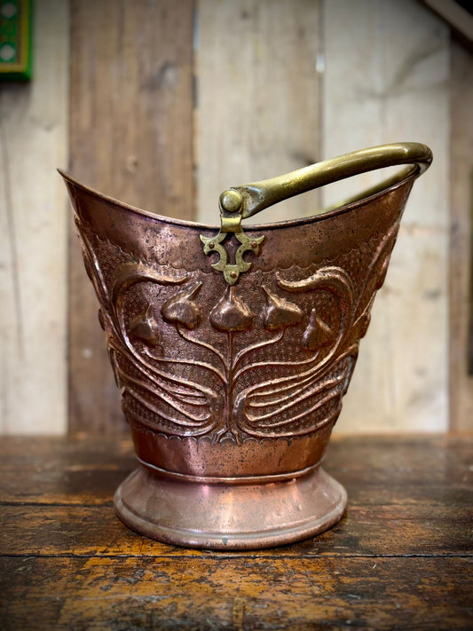 Antique Art Nouveau Embossed Copper Coal Scuttle Bucket with Brass Handle 39.5cm