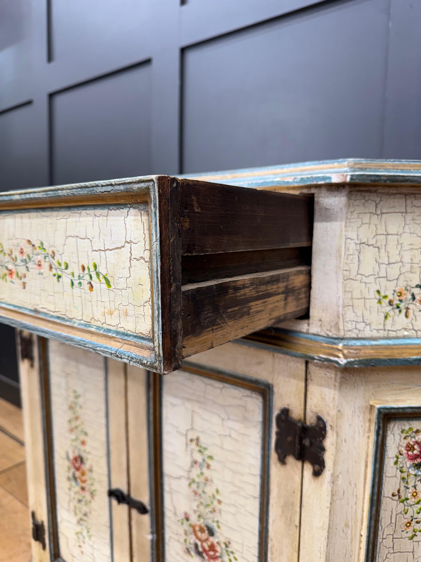 Vintage French Cream Floral Painted Side Cupboard Cabinet Sideboard Drawer Doors