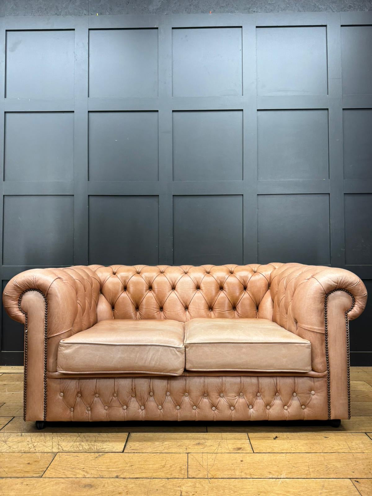 Vintage Two Seater Tan Leather Chesterfield Sofa Couch Settee