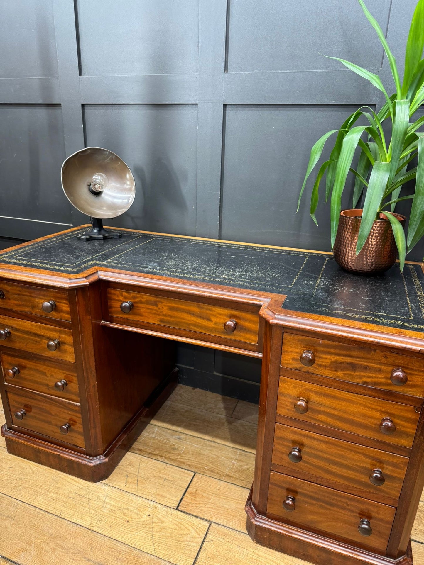 Antique Mahogany Pedestal Desk with Black Leather Top / Dressing Table