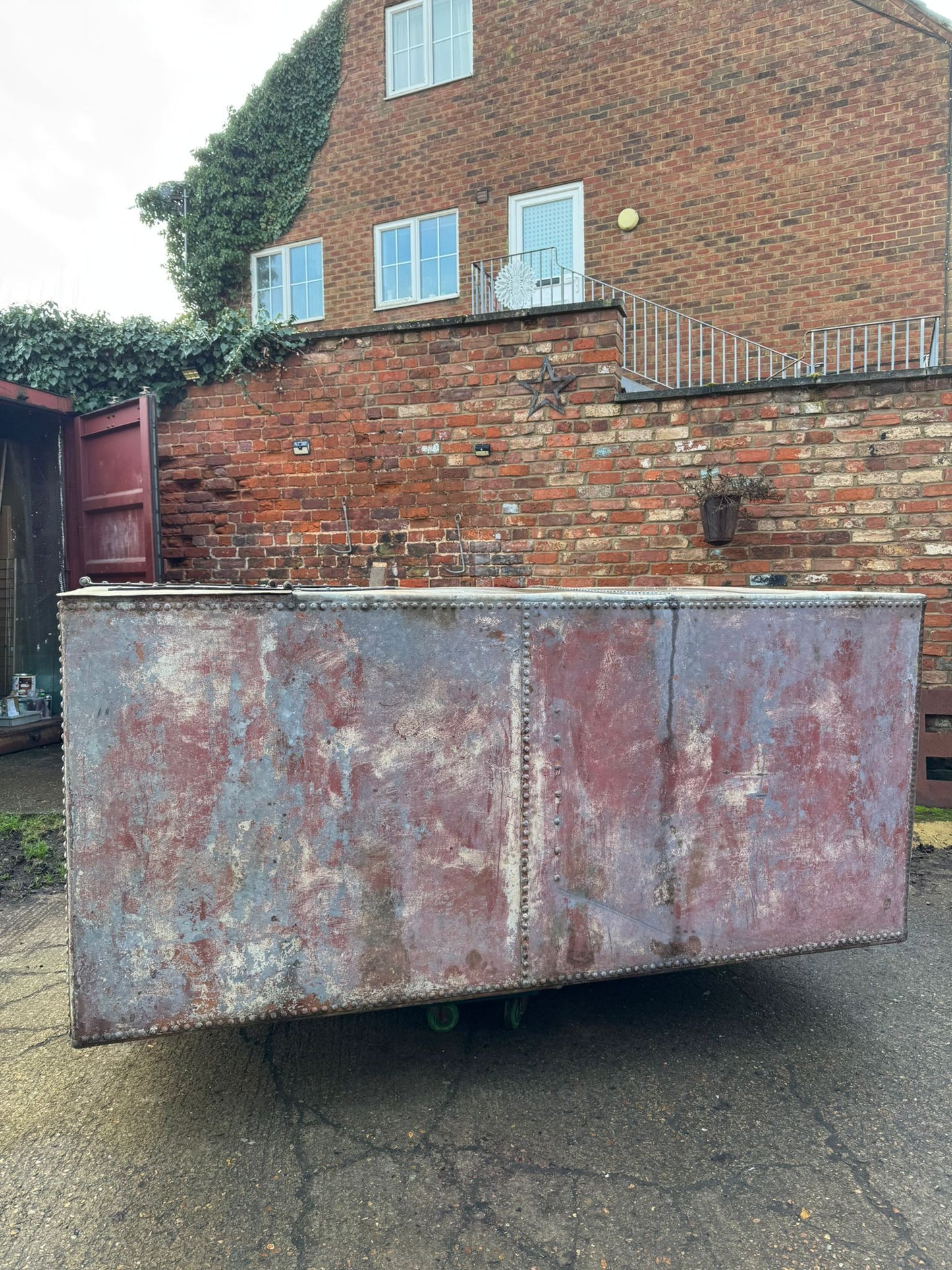 Very Large Riveted Galvanised Water Tank with Top Planter Pond Salvaged Reclaim
