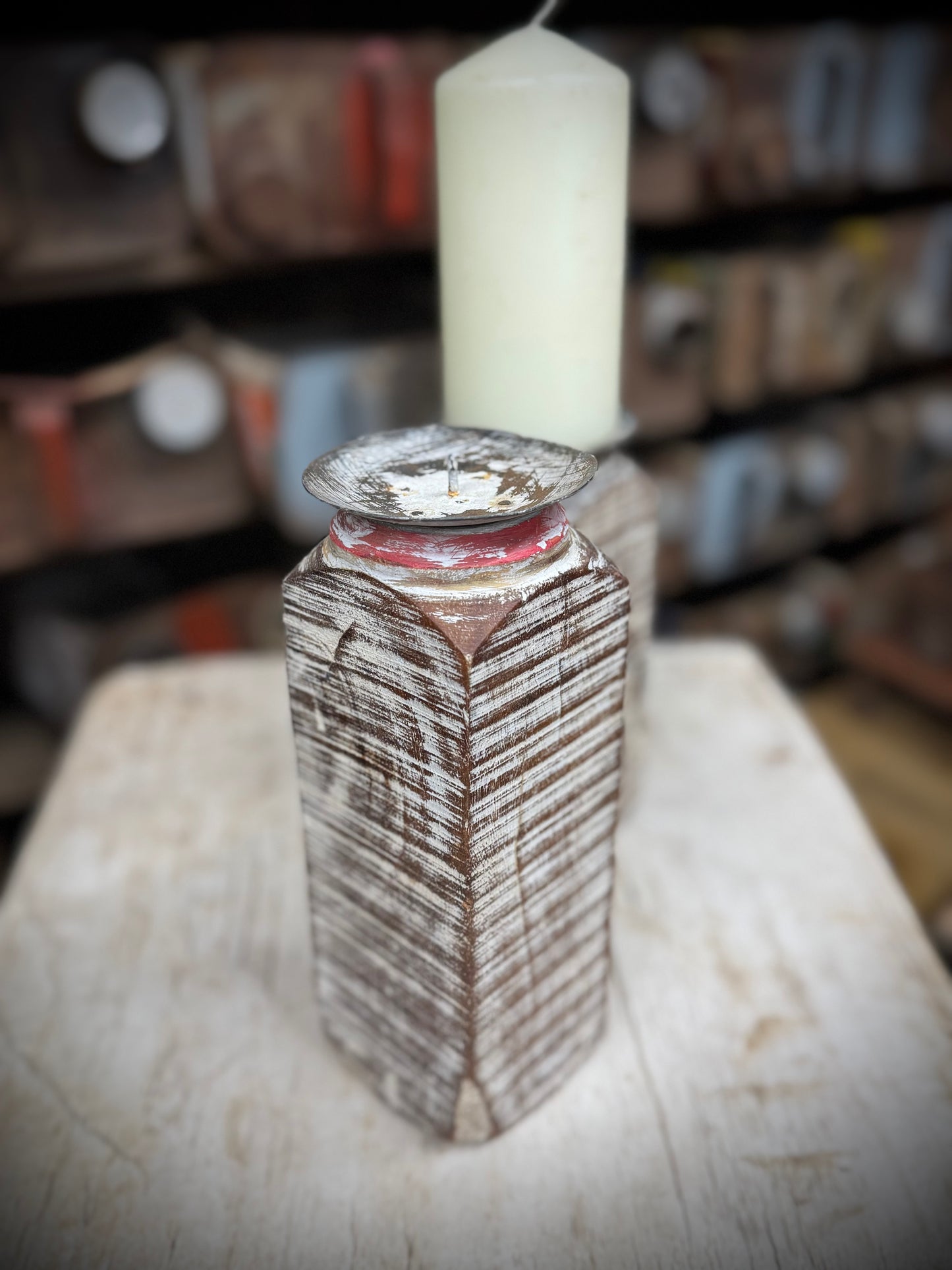 Pair Of Rustic Wooden Candle Holders / Large Church Candle Candlesticks /C