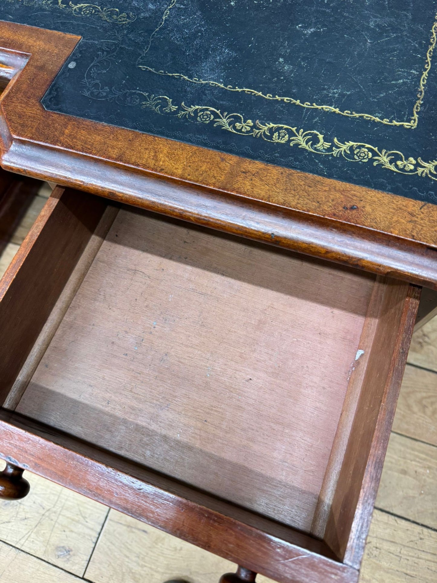 Antique Mahogany Pedestal Desk with Black Leather Top / Dressing Table