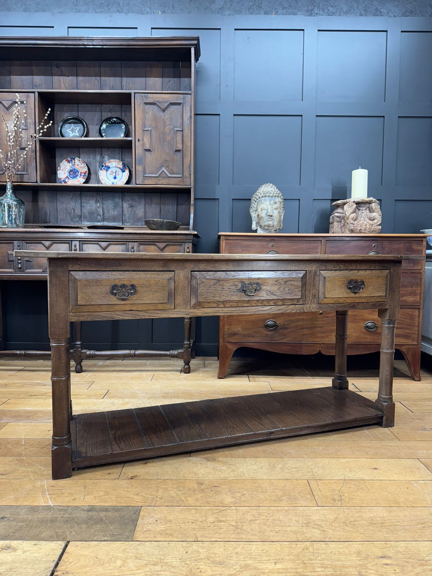 Large Vintage Oak Console Table – 3 Drawer Rustic Farmhouse Hall Sideboard