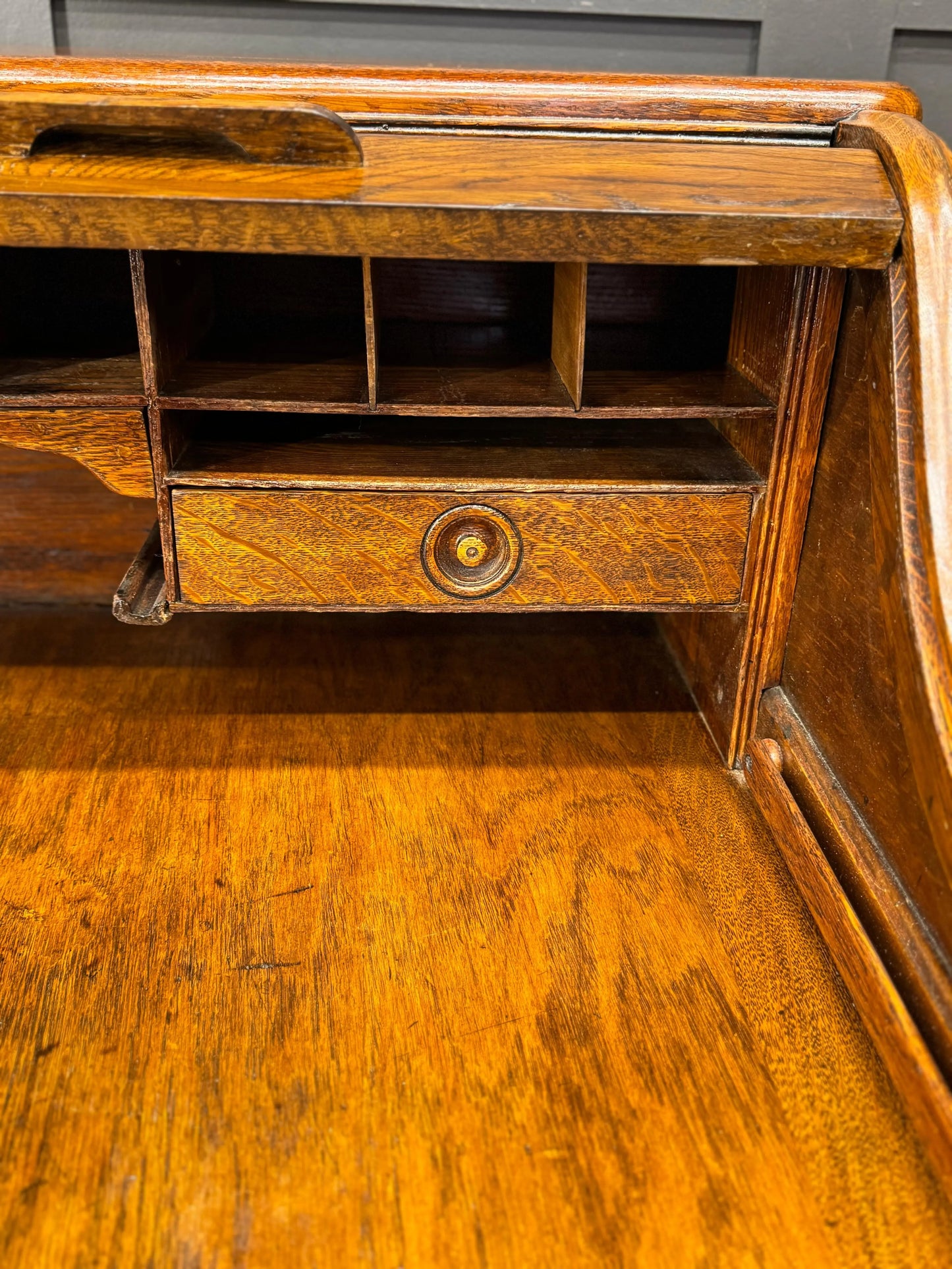 Edwardian Oak Roll Top Pedestal Desk Writing Desk With Fitted Interior RUSTIC WAREHOUSE NORFOLK