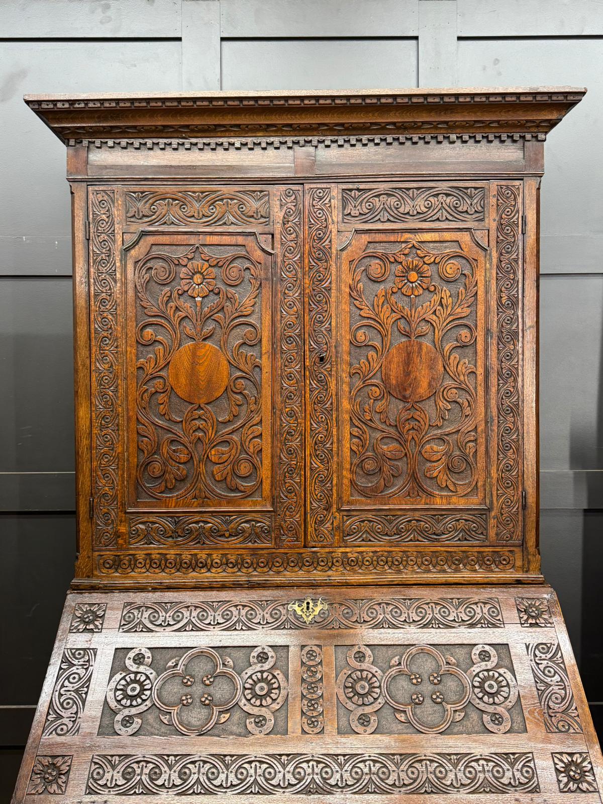 Antique Carved Oak Bureau Bookcase – Decorative Oak Writing Desk