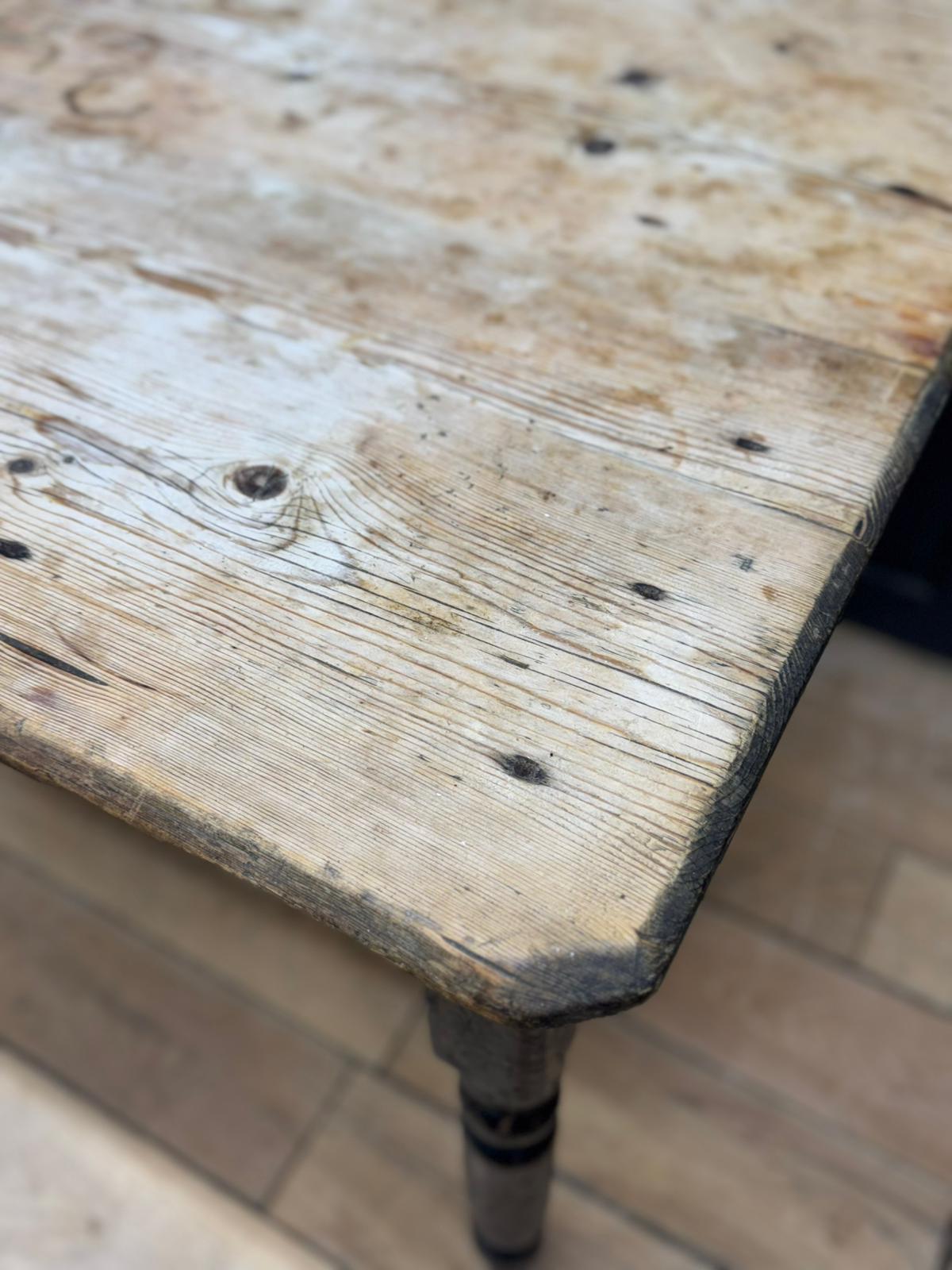 Victorian Pine Farmhouse Kitchen Dining Table / Rustic Black Painted Base