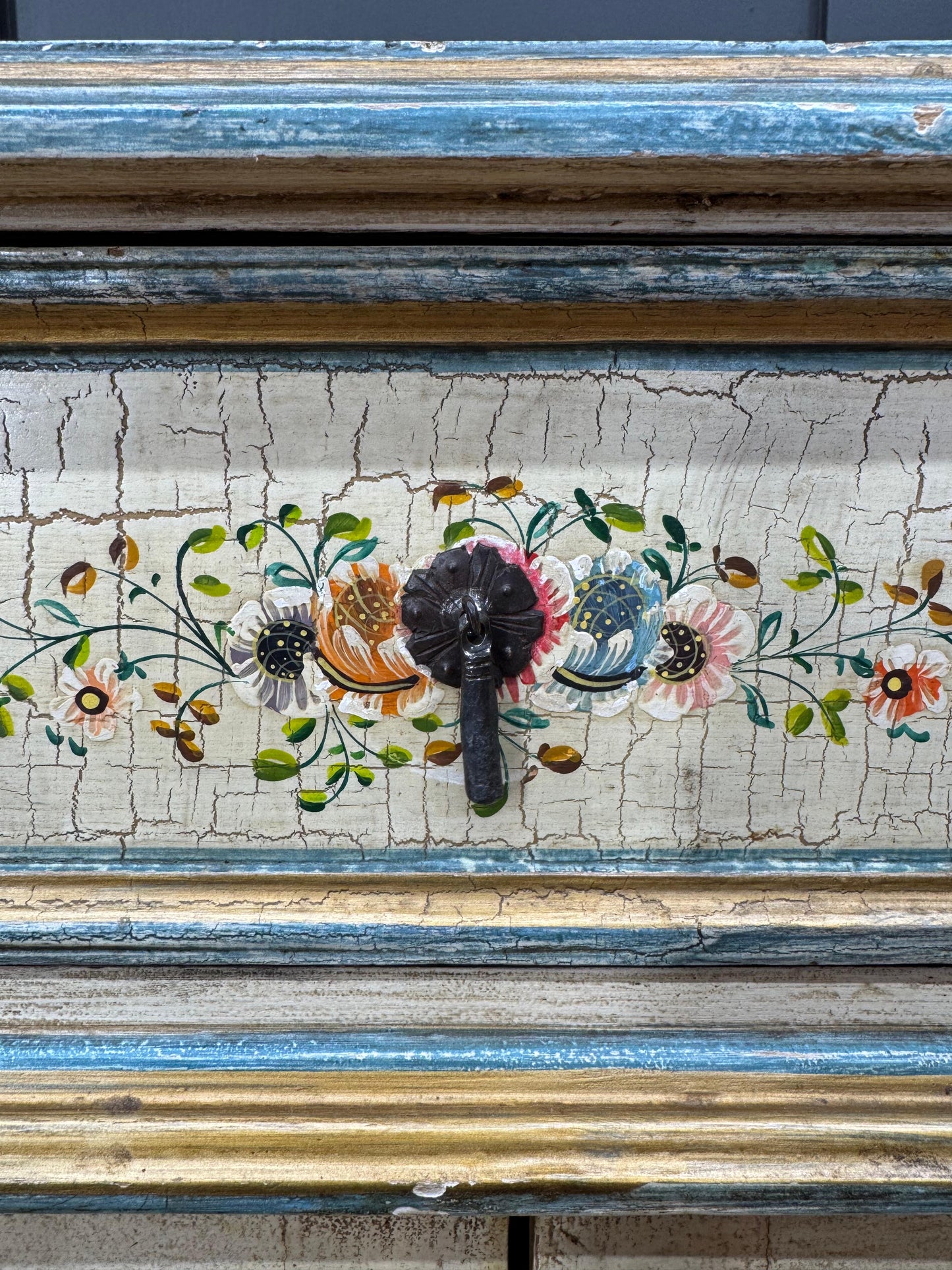 Vintage French Cream Floral Painted Side Cupboard Cabinet Sideboard Drawer Doors