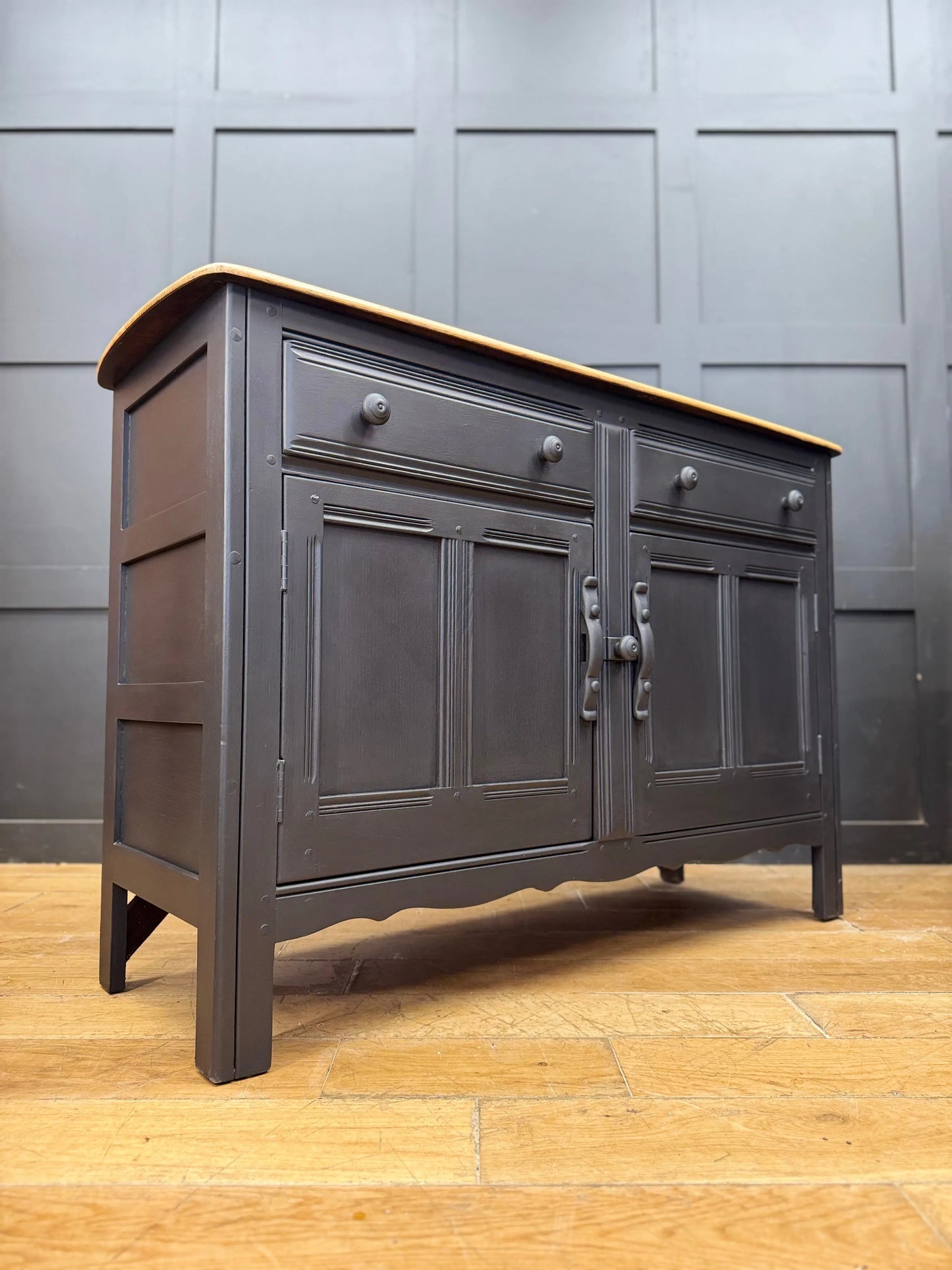 Vintage Ercol Painted Sideboard Black Storage Cabinet Cupboard Drawers Natural Top
