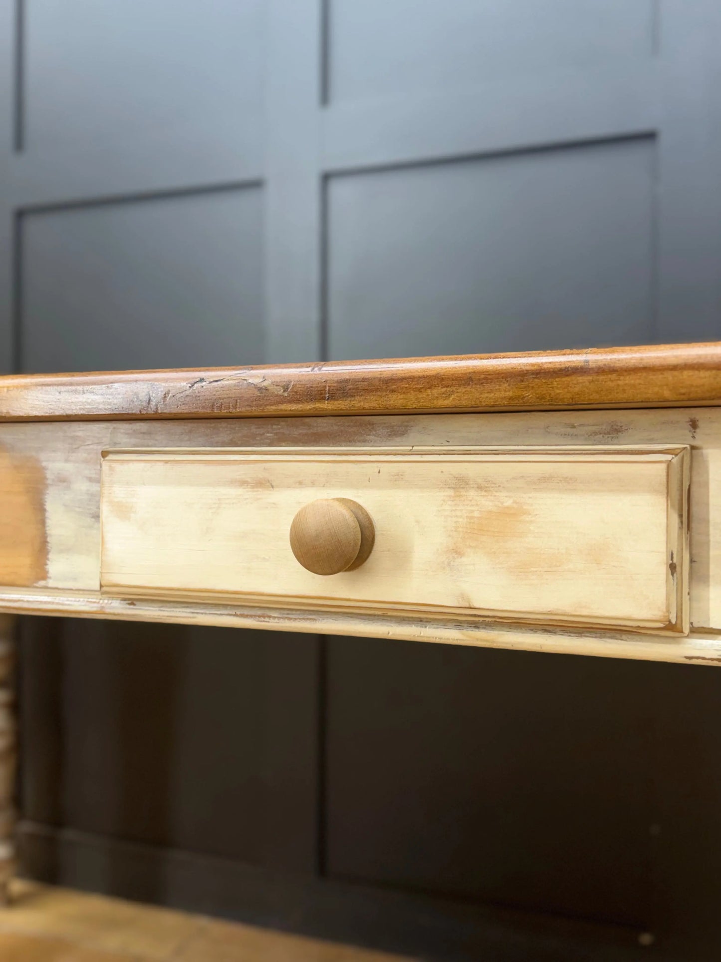 Vintage Solid Pine Farmhouse Kitchen Dining Table 2 Drawer Desk
