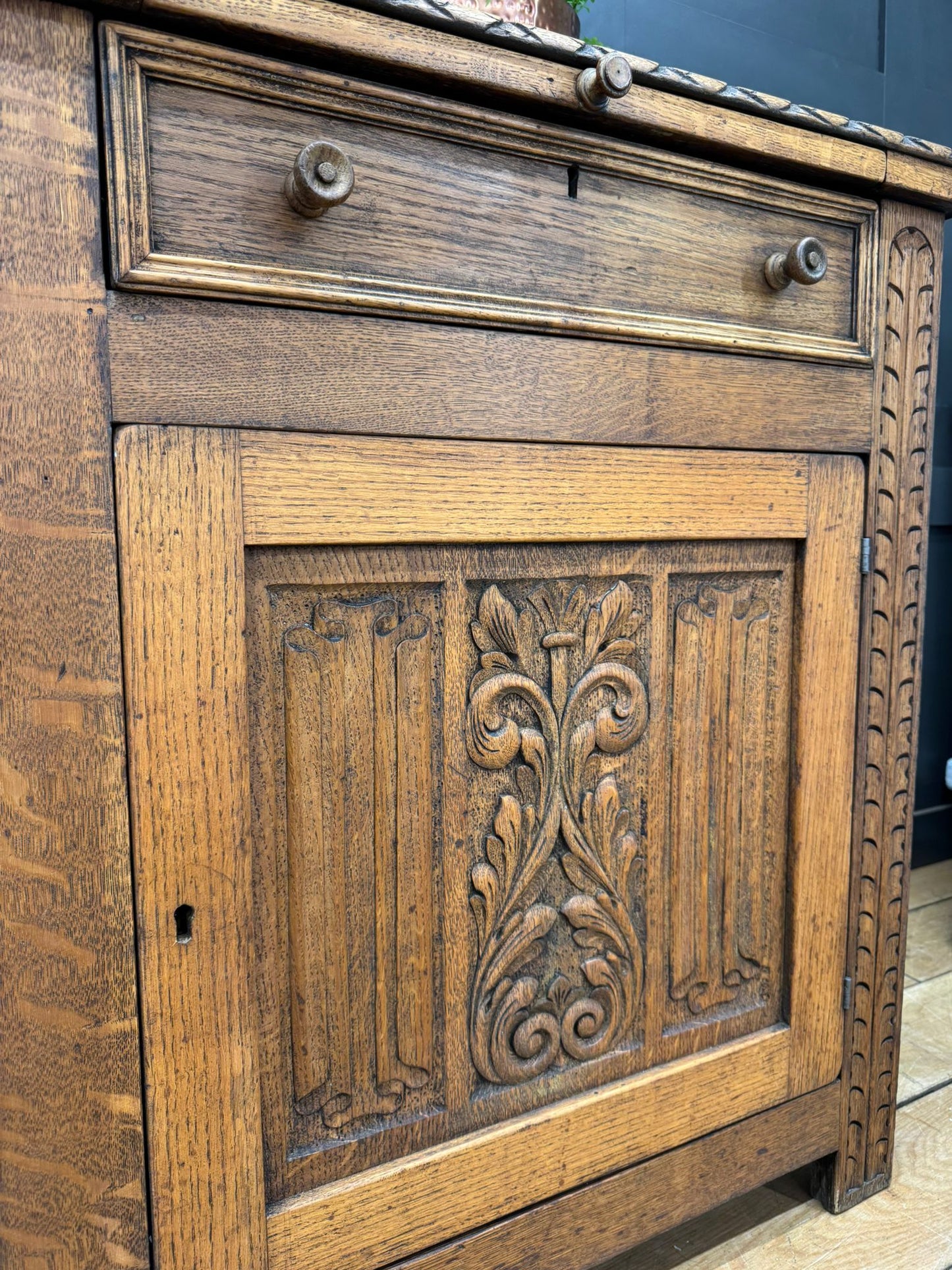 Antique Solid Oak Sideboard – Stripped Finish – Cupboard Drawers