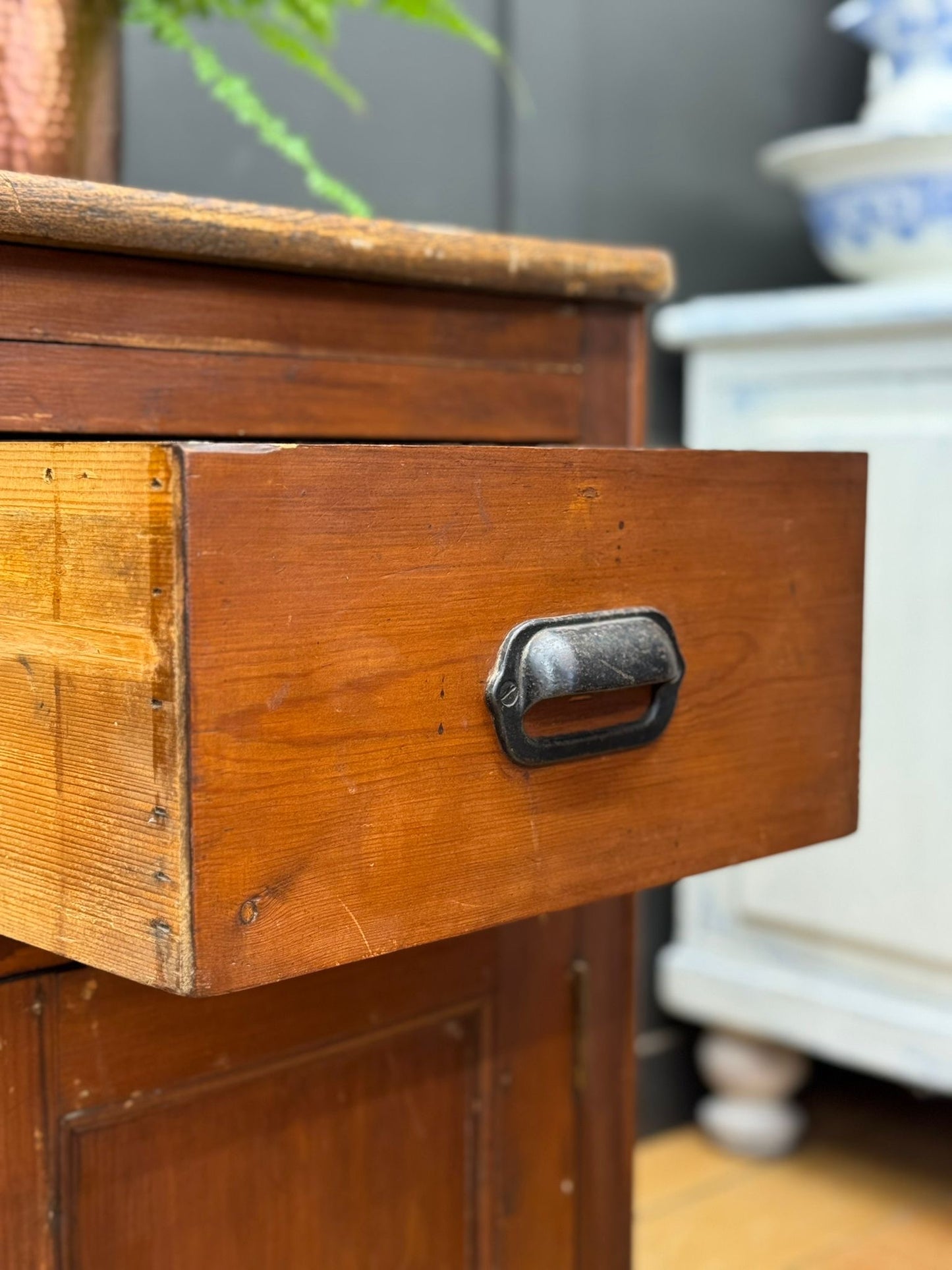 Antique Elm Clerks Desk – Rustic Pine Work Bench / Craft Table / Office Desk