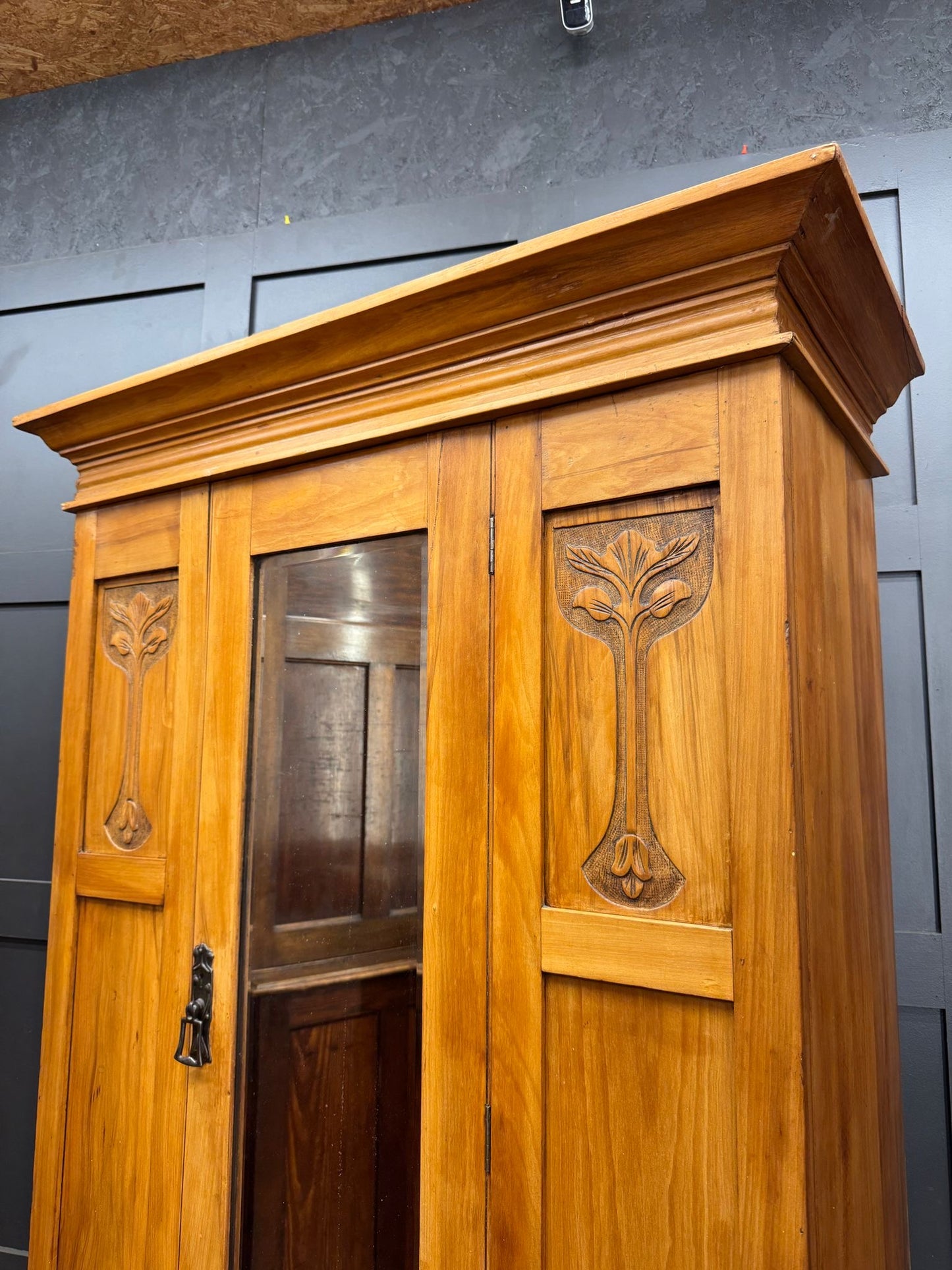 Antique Satinwood Wardrobe with Mirror Door & Drawer – Art Nouveau c1900