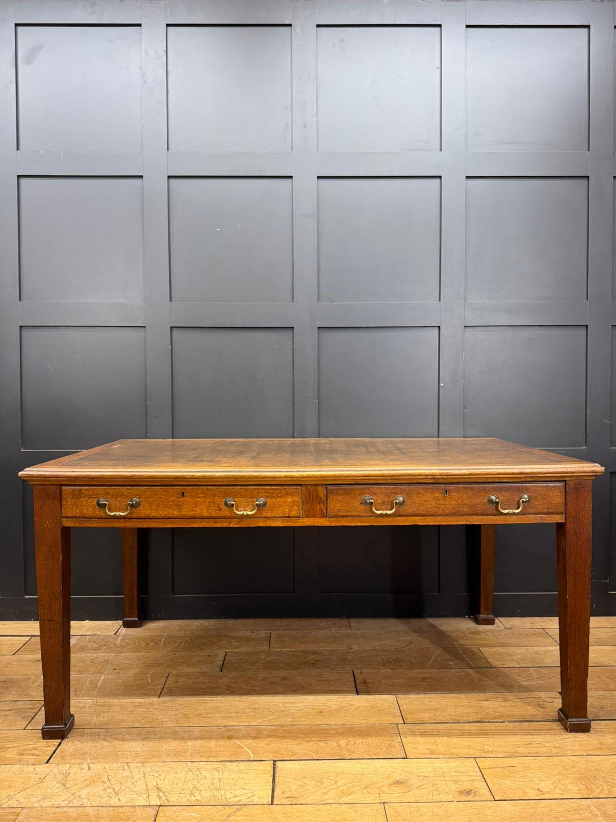 Antique Oak Leather Top Writing Desk /Console Table With Drawers