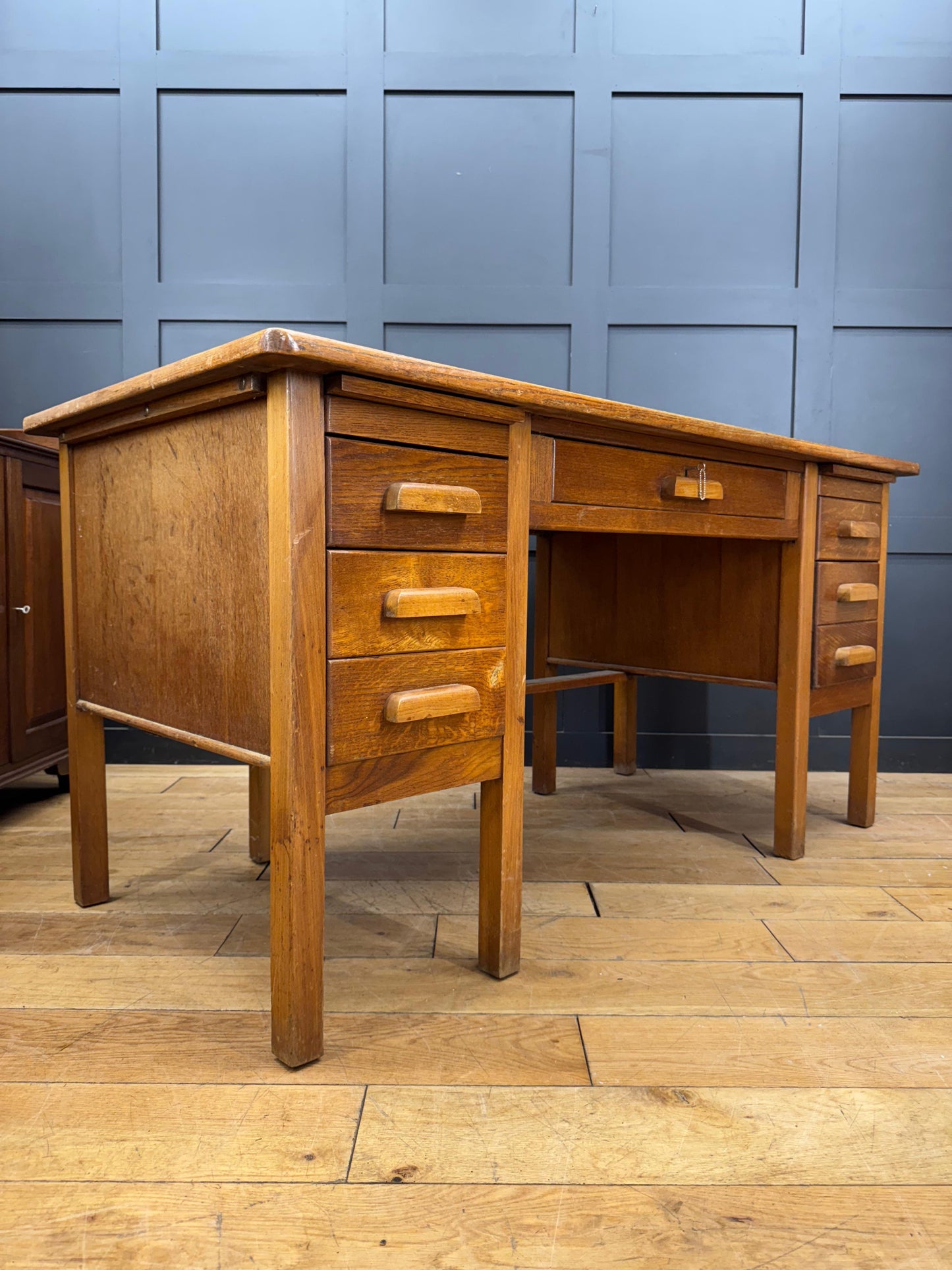 Vintage Oak Twin Pedestal Office Desk / Retro Office Furniture