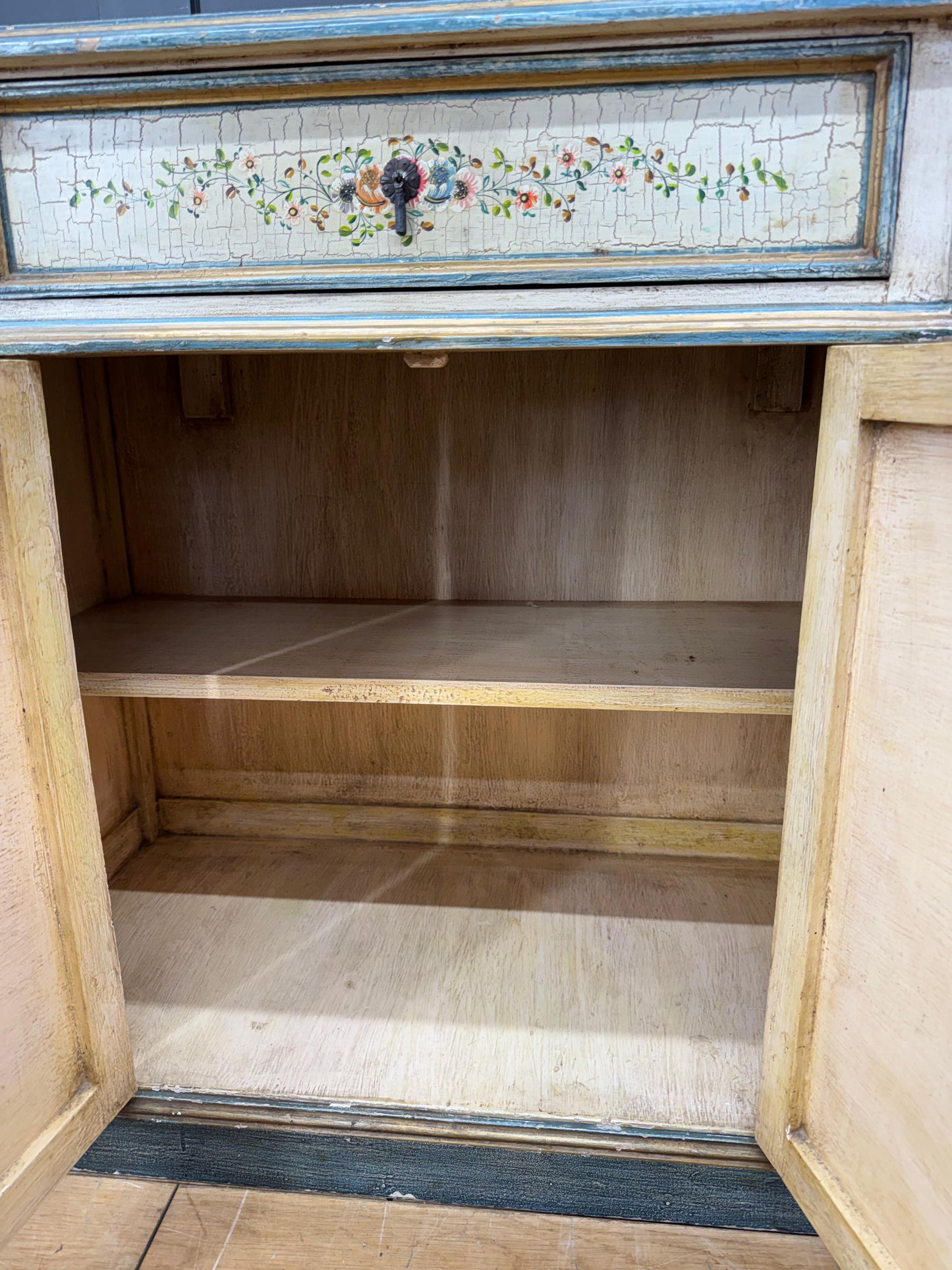 Vintage French Cream Floral Painted Side Cupboard Cabinet Sideboard Drawer Doors