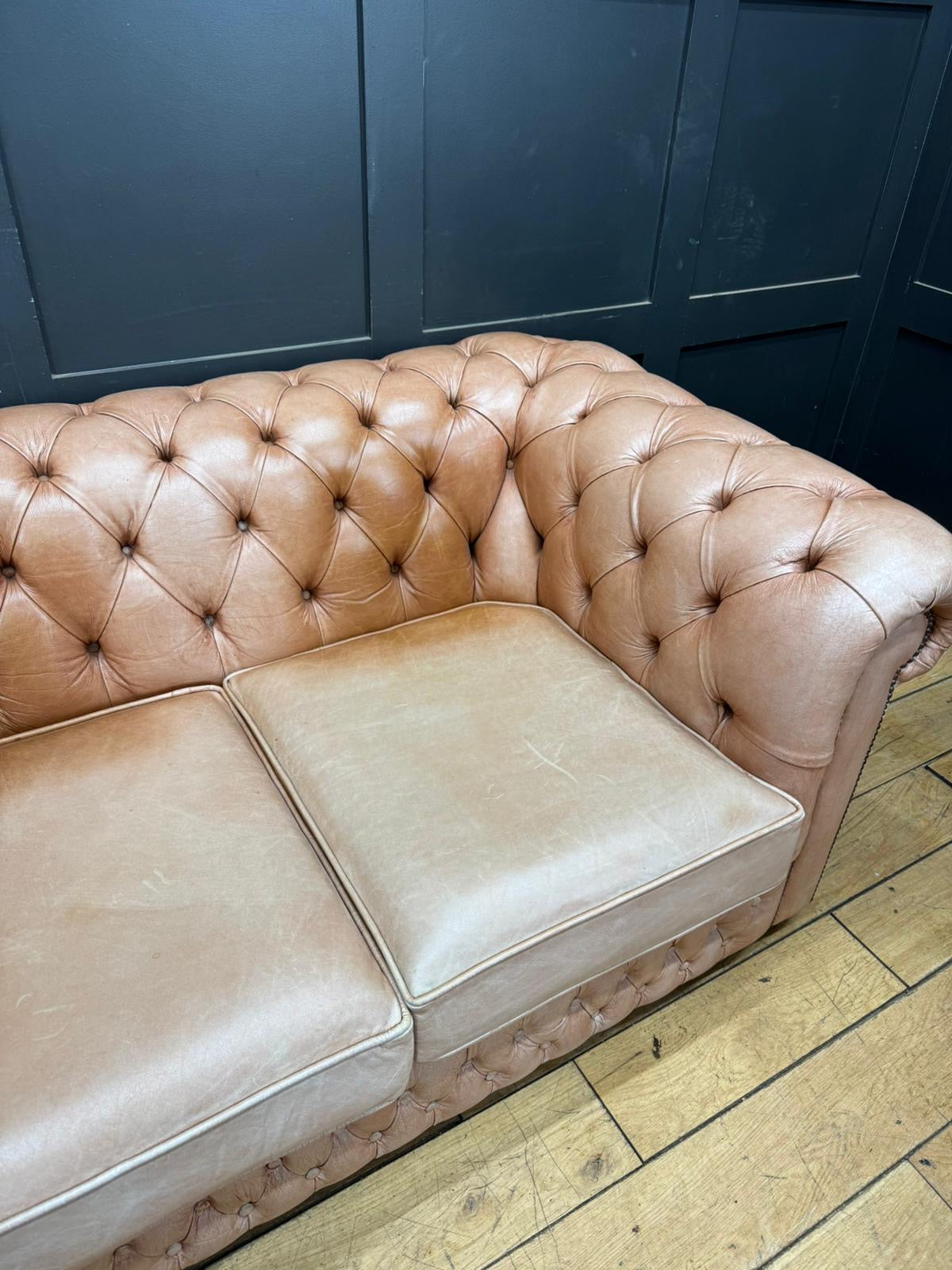 Vintage Two Seater Tan Leather Chesterfield Sofa Couch Settee