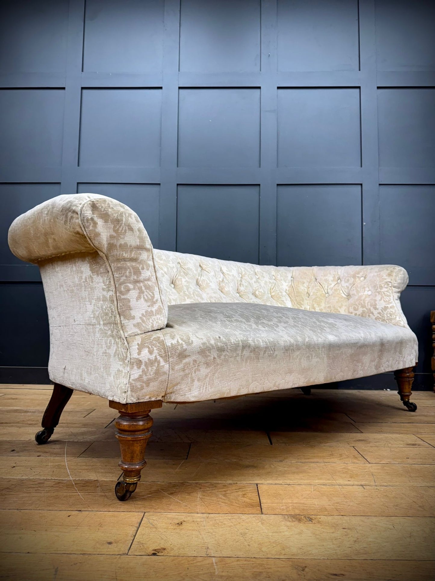 Late Victorian Walnut Button Back Sofa – Scroll Arm Upholstered Settee