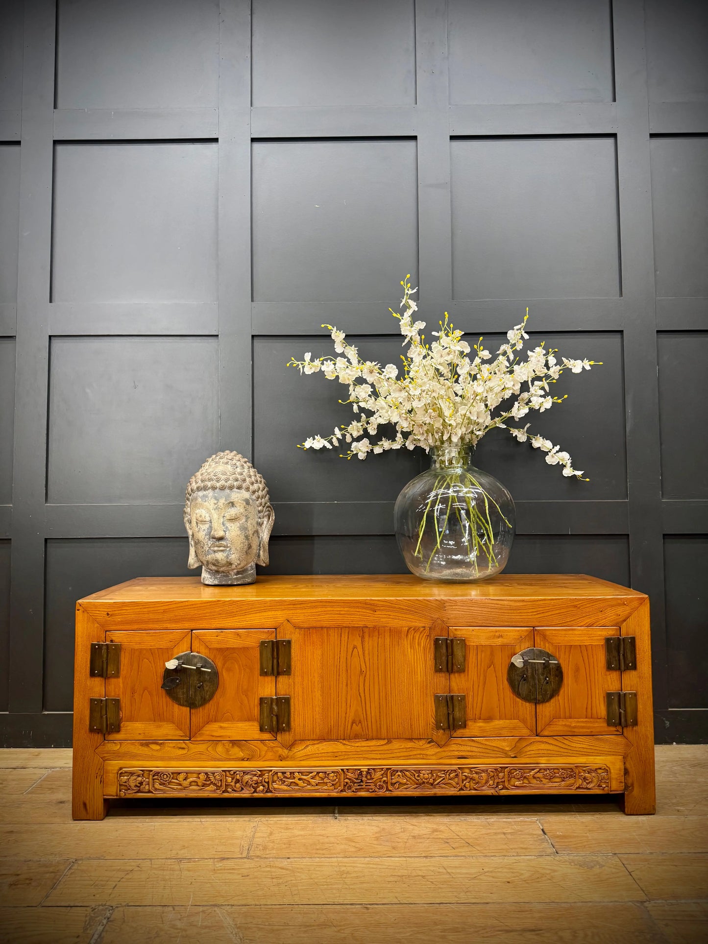 Vintage Chinese Elm Low Sideboard Cabinet / TV Media Unit Oriental Console