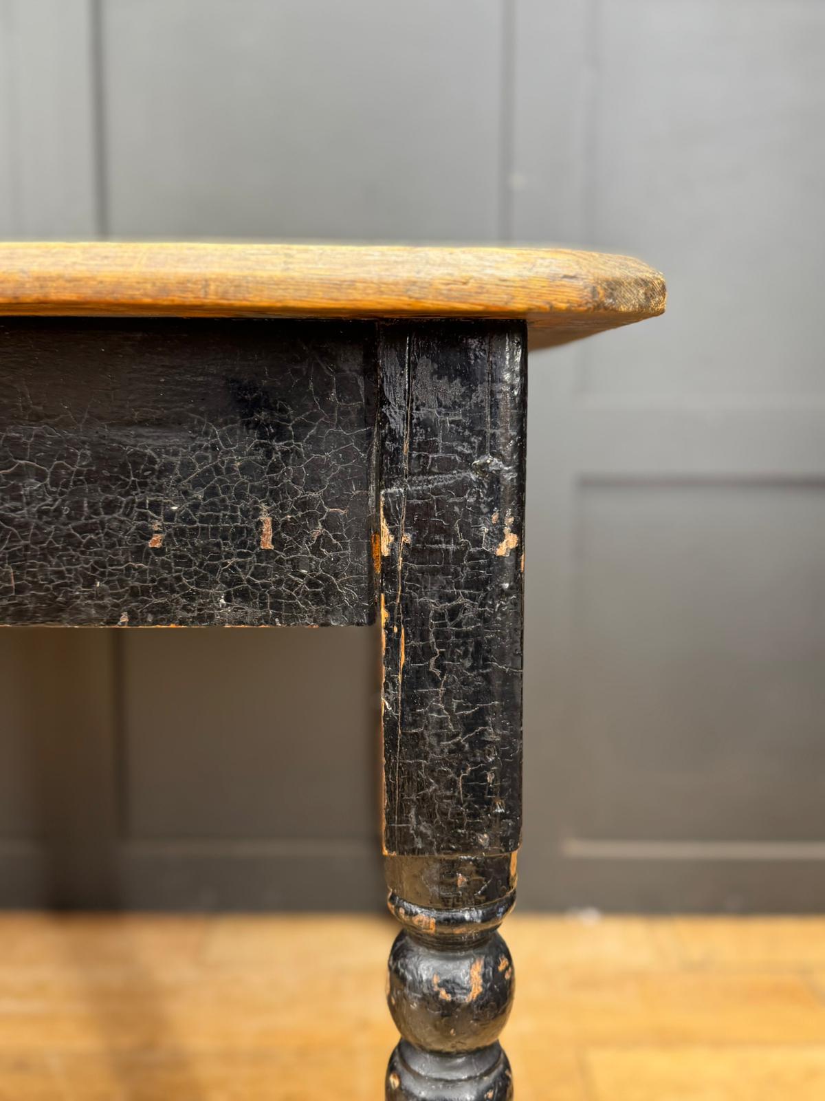 Victorian Pine Farmhouse Kitchen Dining Table / Rustic Black Painted Base