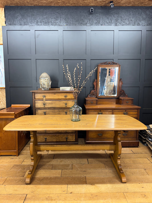 Vintage Ercol Refectory Elm Plank Top Kitchen Dining Table / Mid Century