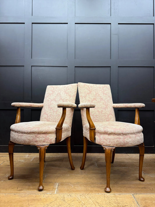 Pair Antique Pink Upholstered Bedroom Armchairs Chairs Mahogany Salon Seats