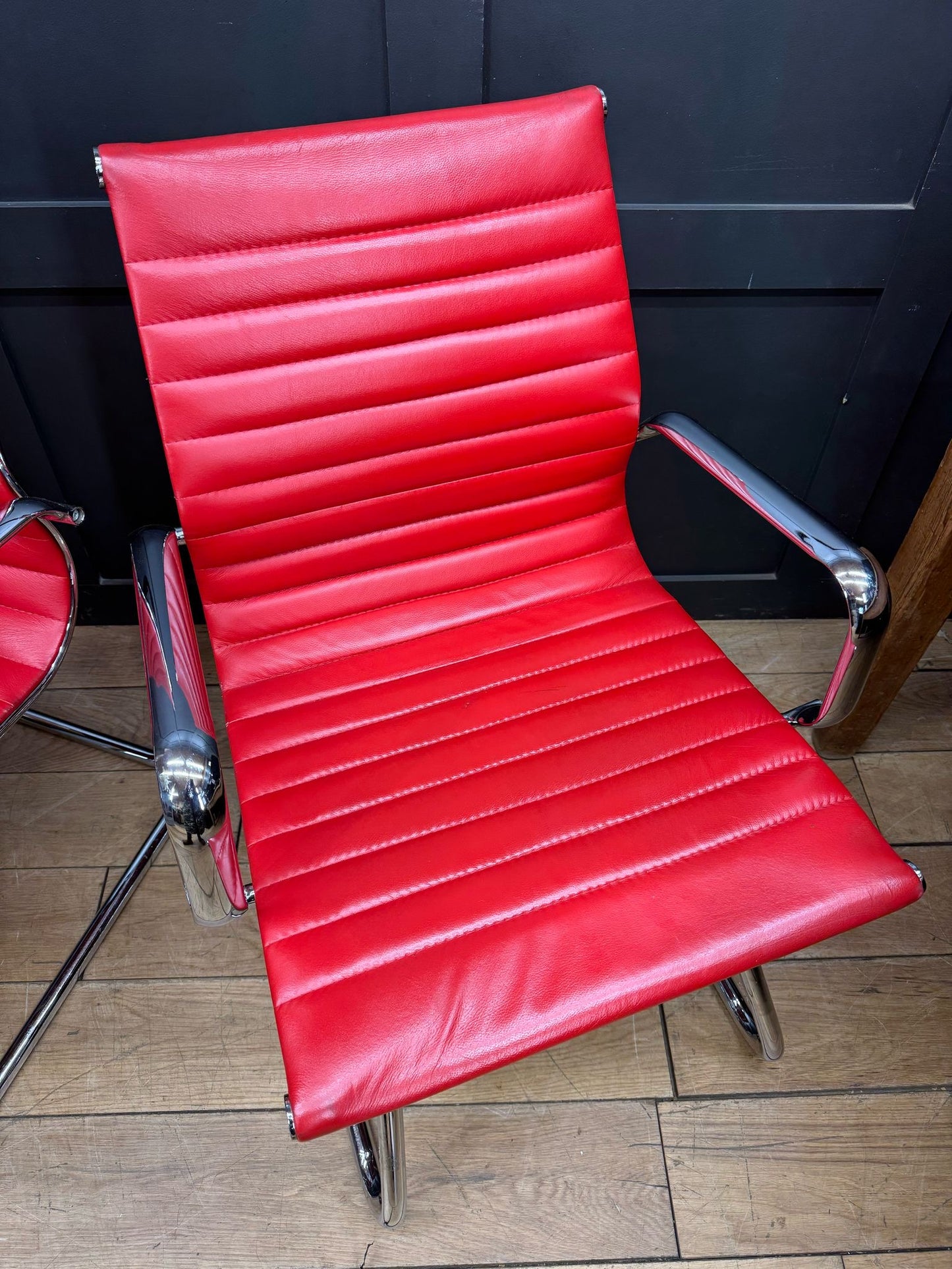 Pair Of Mid Century Style Chairs / Eames Style Chrome And Leather Chairs Seating