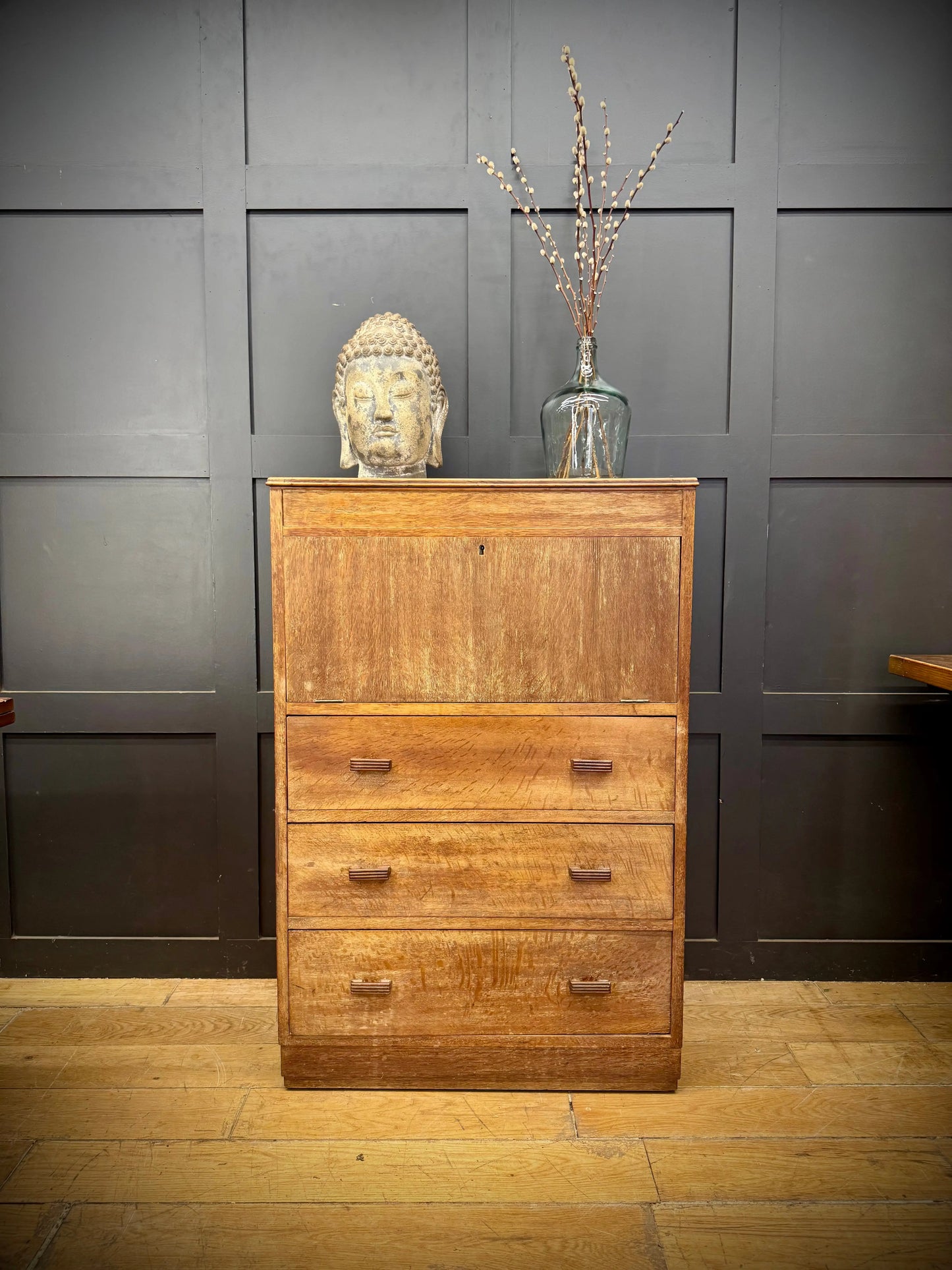 1930s Art Deco Limed Oak Bureau Chest of Drawers Writing Desk  Mirror Tallboy